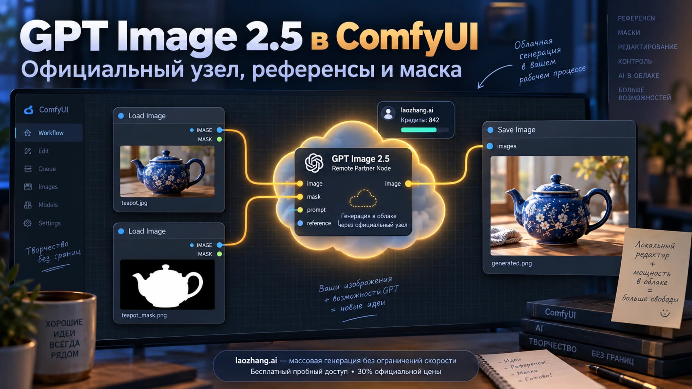 Схема ComfyUI с референсом, маской, удалённым узлом GPT Image 2.5 и сохранением изображения