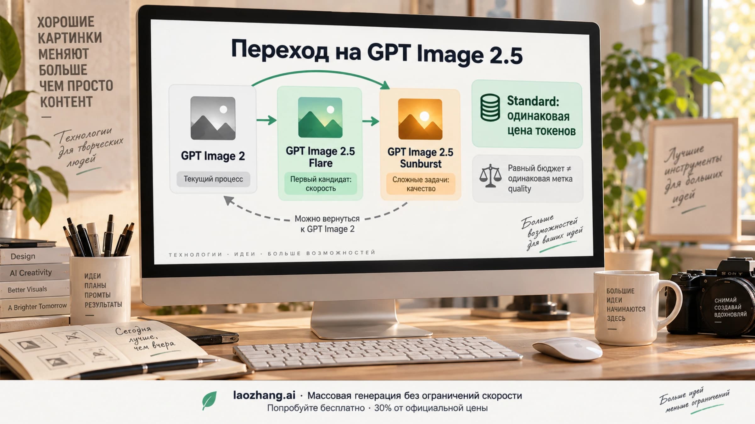 Монитор на рабочем столе с тремя карточками моделей OpenAI — GPT Image 2, GPT Image 2.5 Flare и GPT Image 2.5 Sunburst — со стрелками миграции, пунктиром отката и пометкой об одинаковой цене токенов