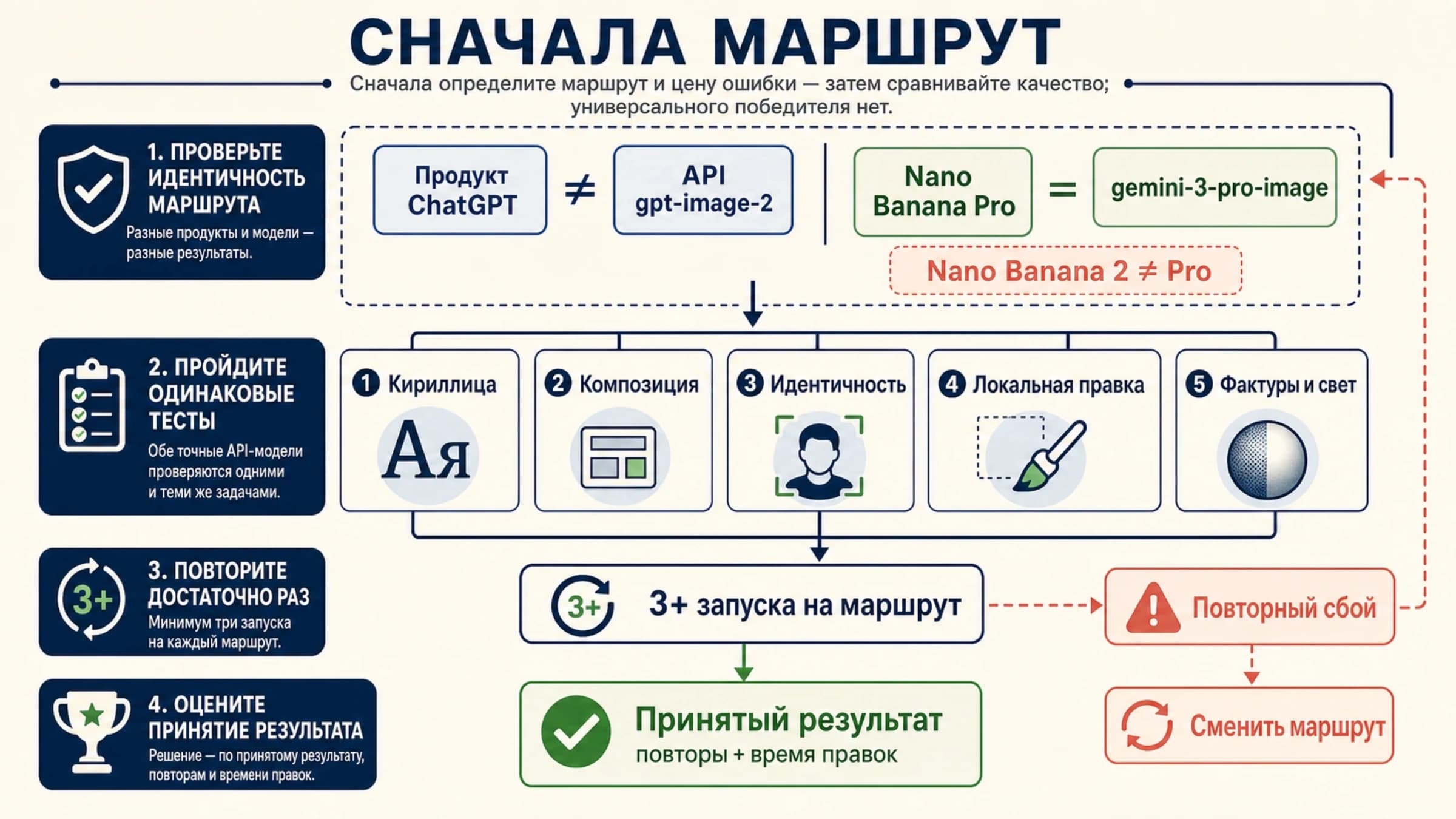 Схема выбора между ChatGPT Images 2.0, GPT Image 2 API и Nano Banana Pro по цене ошибки
