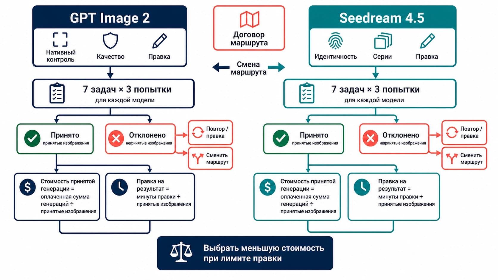 Матрица выбора GPT Image 2 или Seedream 4.5 по типу задачи, доле принятых результатов и трём попыткам