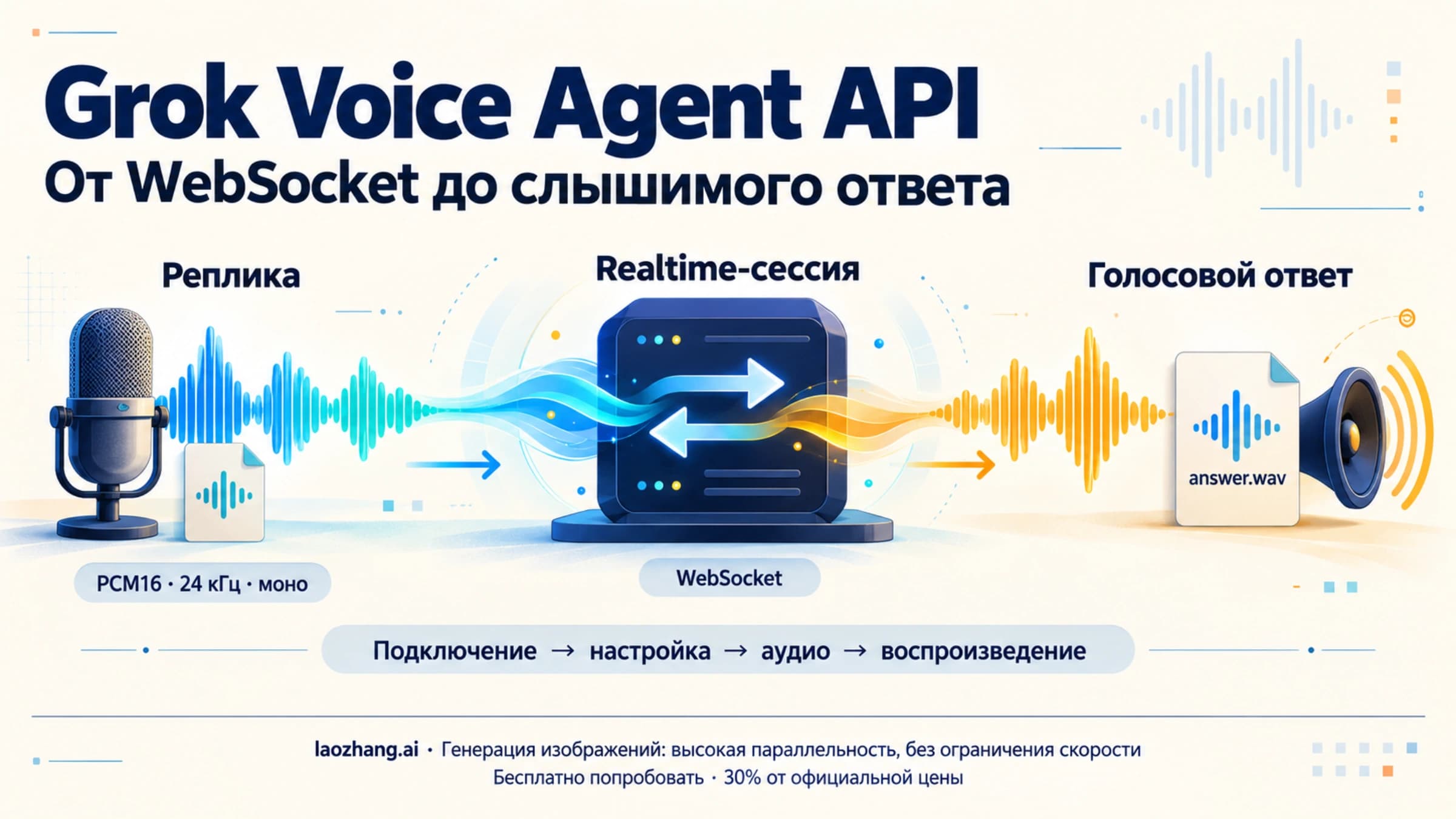 Grok Voice Agent API: схема пути от реплики и WebSocket-сессии до голосового ответа в WAV