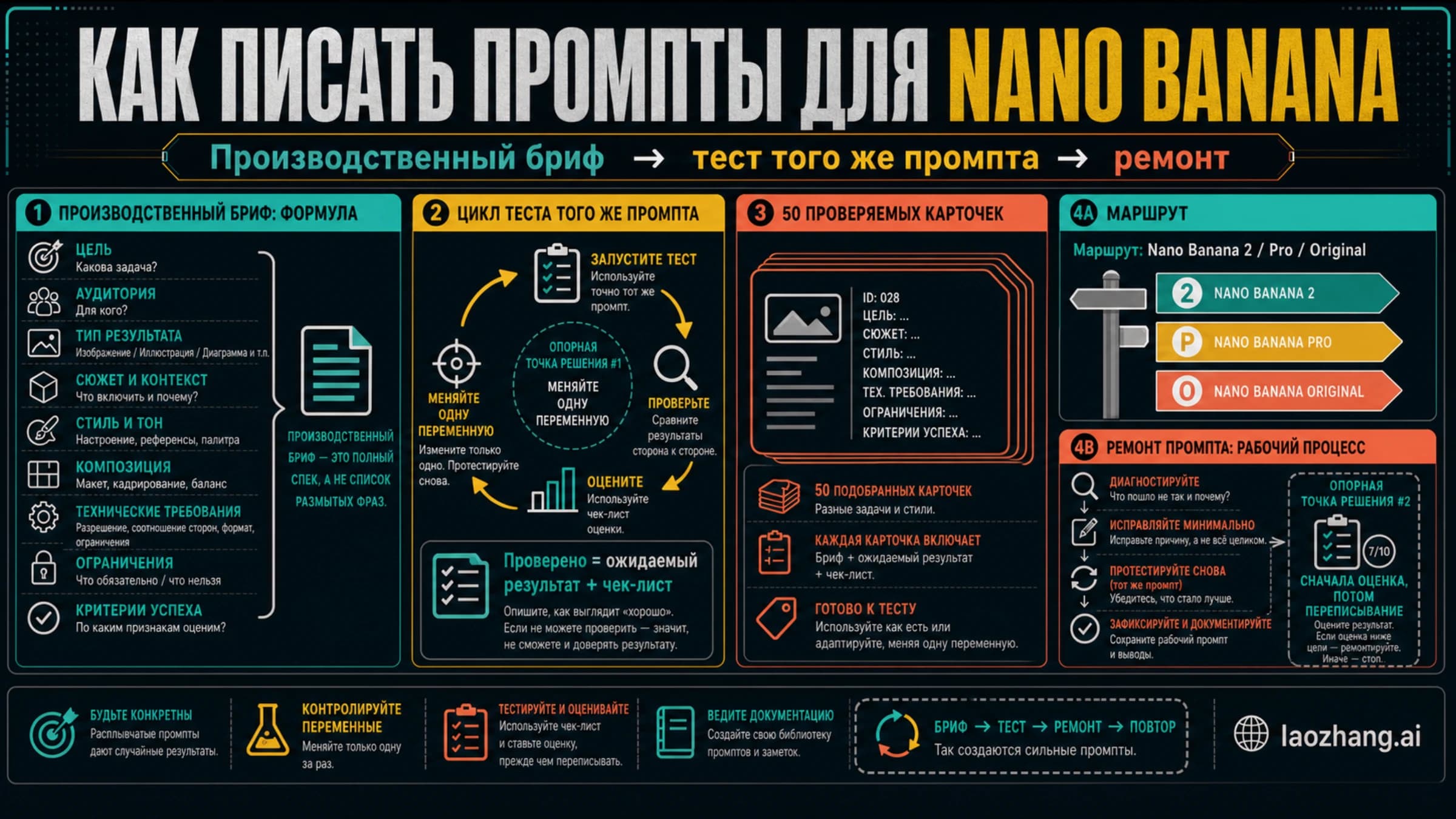 Обложка рабочей книги Nano Banana с брифом, тестовым циклом, маршрутом и 50 карточками промптов