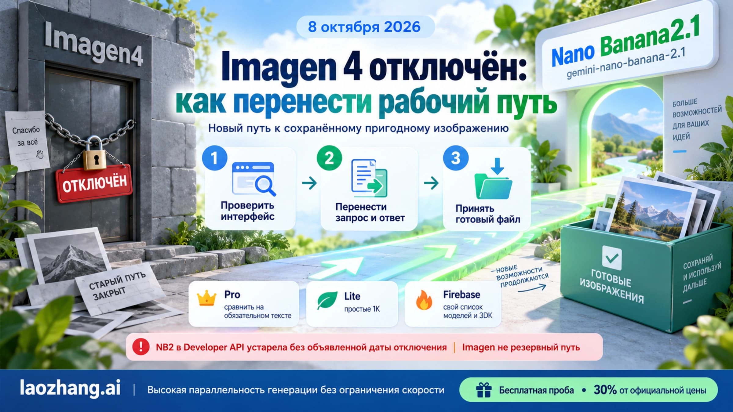 Актуальная миграция с отключённого Imagen 4 на Nano Banana 2.1 с проверкой интерфейса, ответа и пригодного файла