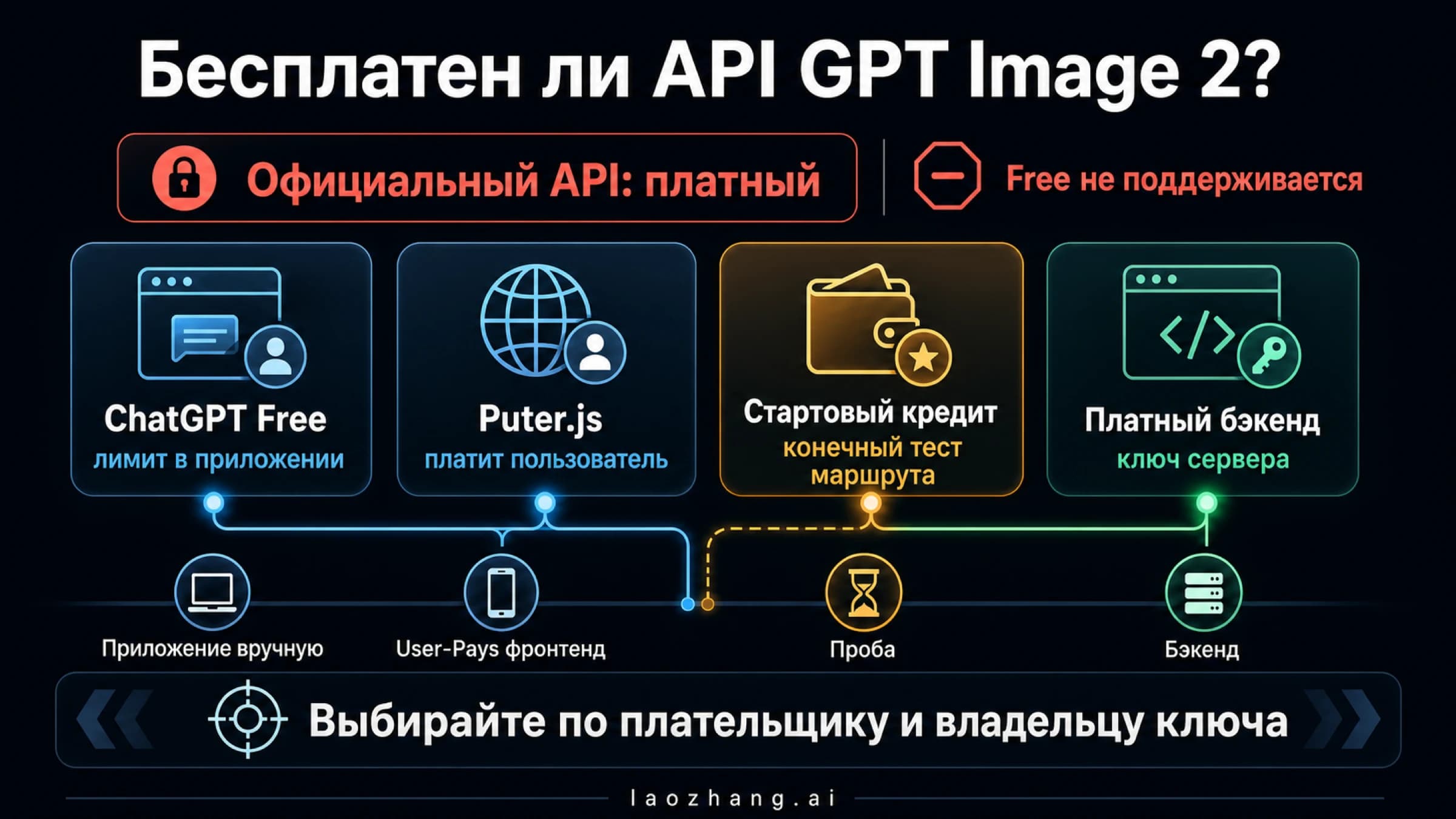 Карта контрактов GPT Image 2: платный официальный API, ChatGPT Free, User-Pays во фронтенде, стартовые кредиты и платный бэкенд