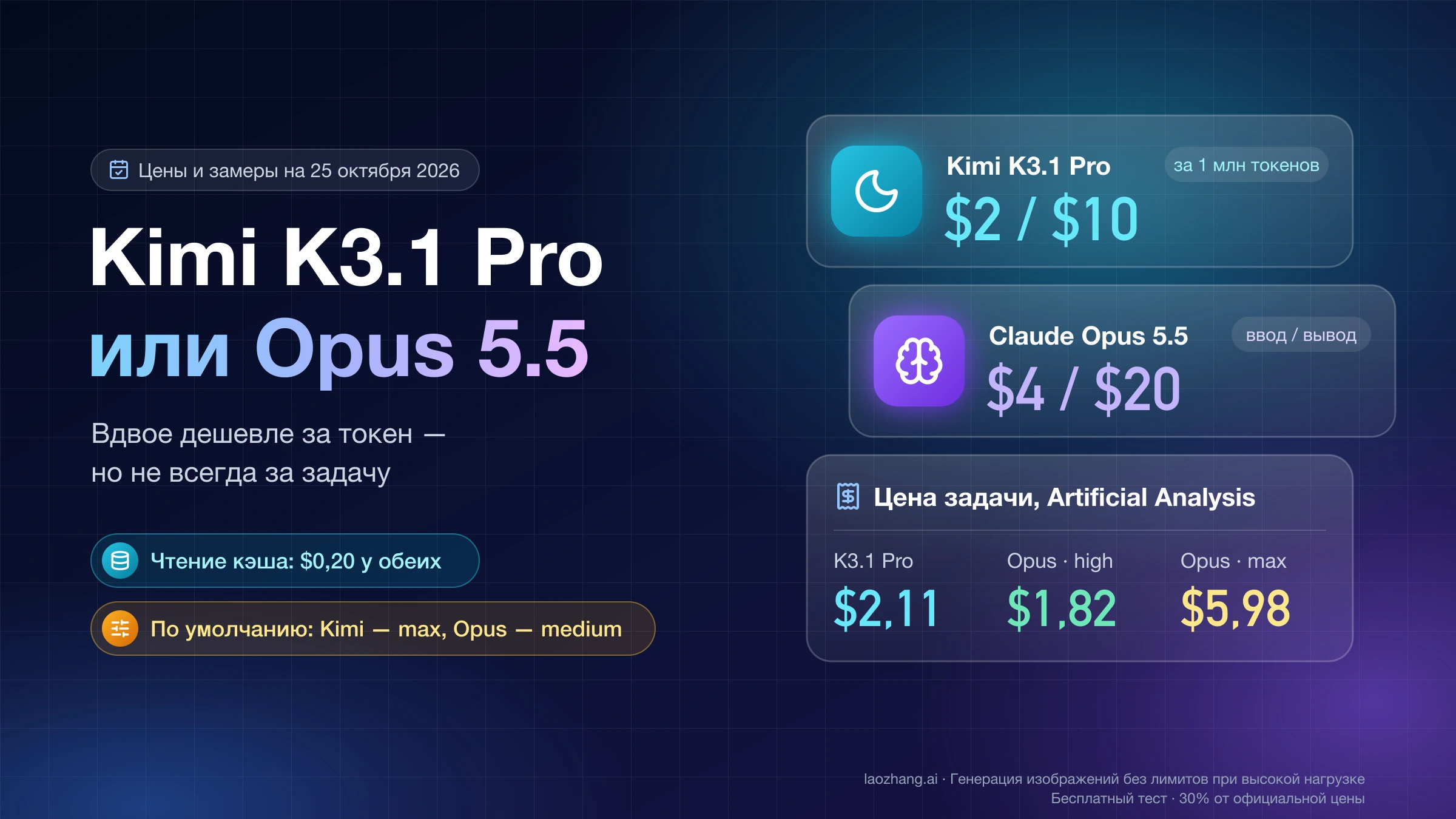 Kimi K3.1 Pro или Claude Opus 5.5: $2/$10 против $4/$20 за 1 млн токенов и цена задачи по Artificial Analysis — $2,11 против $1,82 на high и $5,98 на max