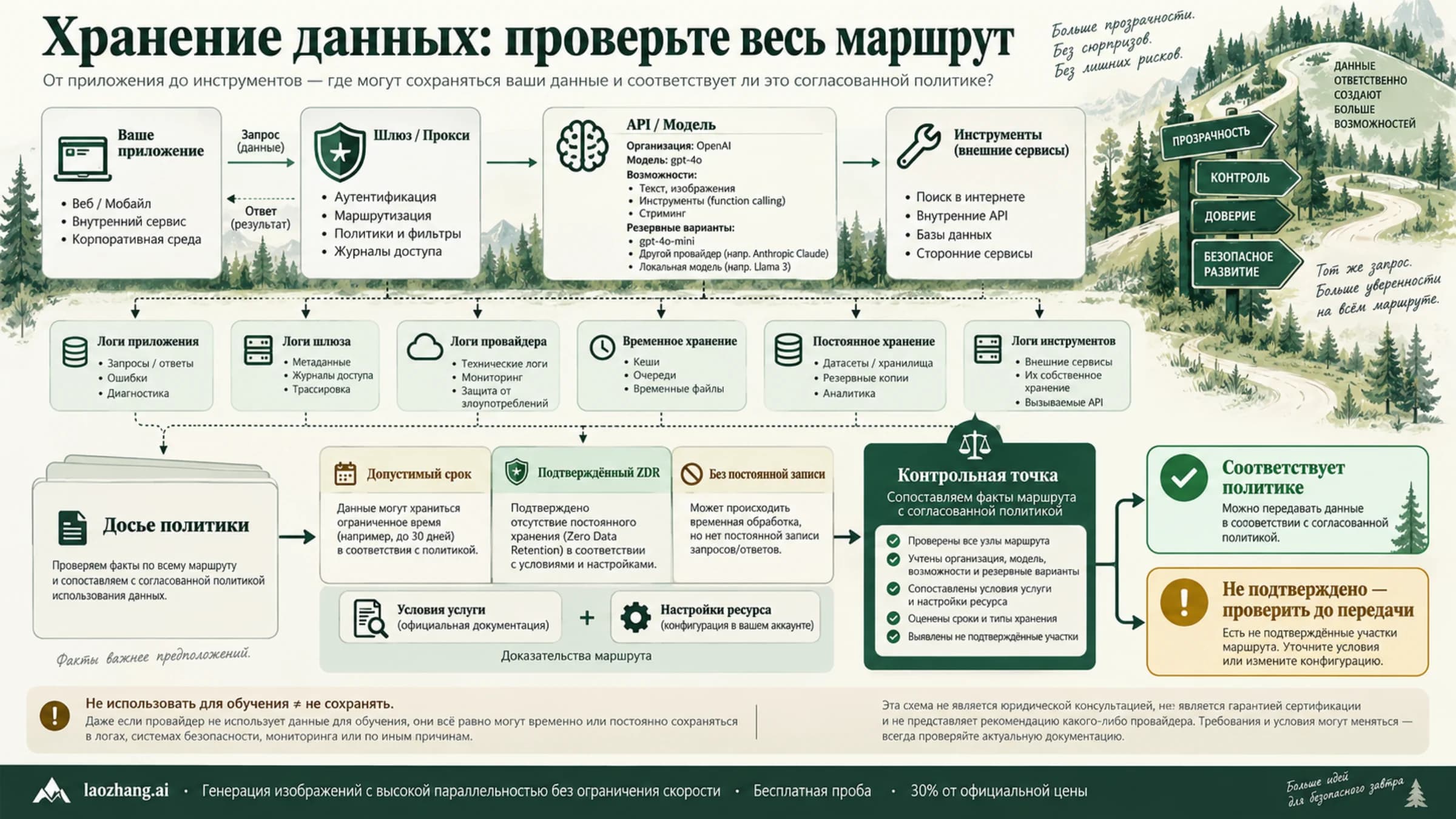 Вся цепочка LLM API сверяется с согласованной политикой хранения и подтверждениями услуги и настроек ресурса