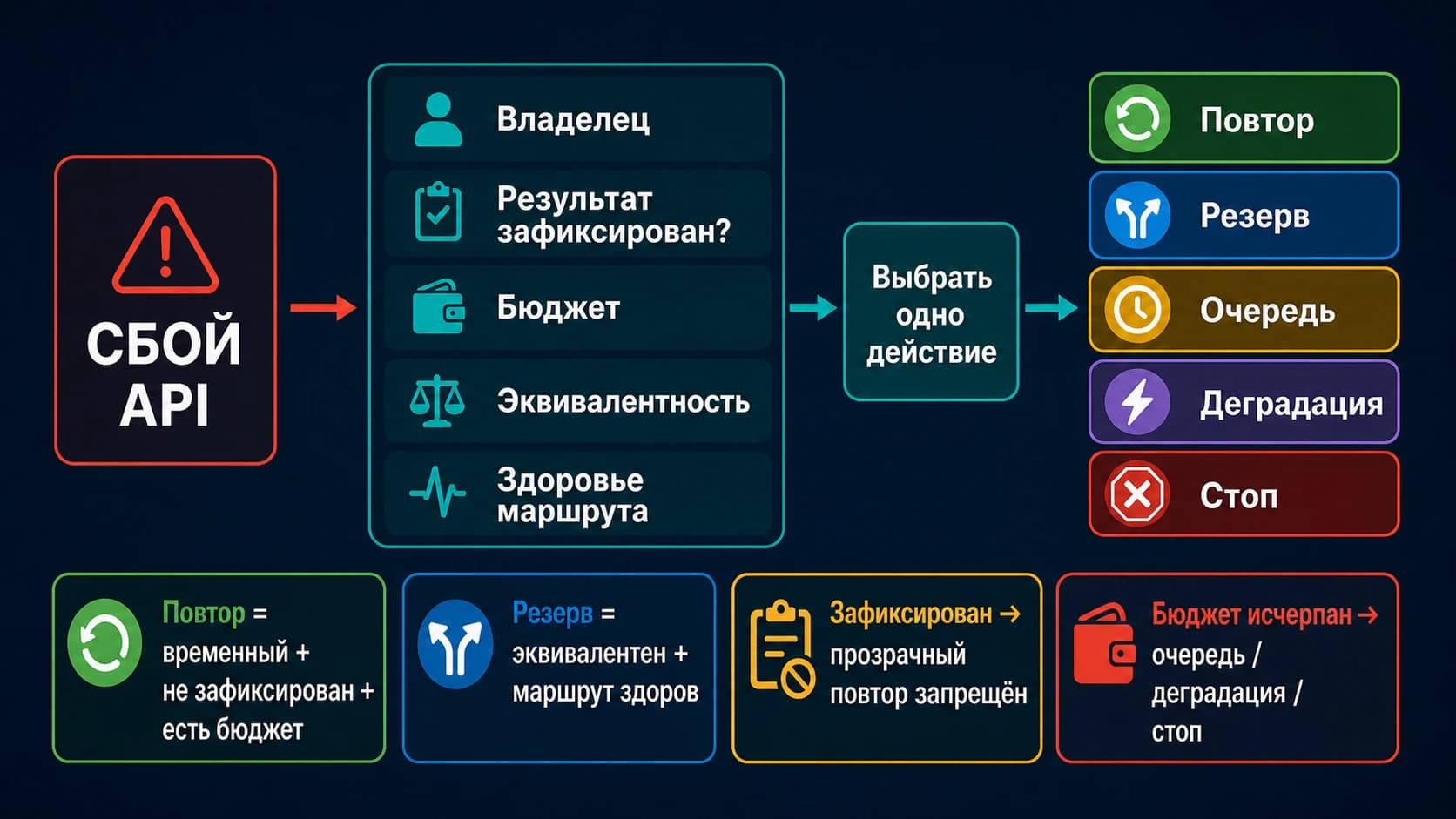 Пять проверок LLM API — владелец сбоя, фиксация результата, бюджет восстановления, эквивалентность резервного маршрута и здоровье — ведут к повтору, переключению, очереди, деградации или остановке.