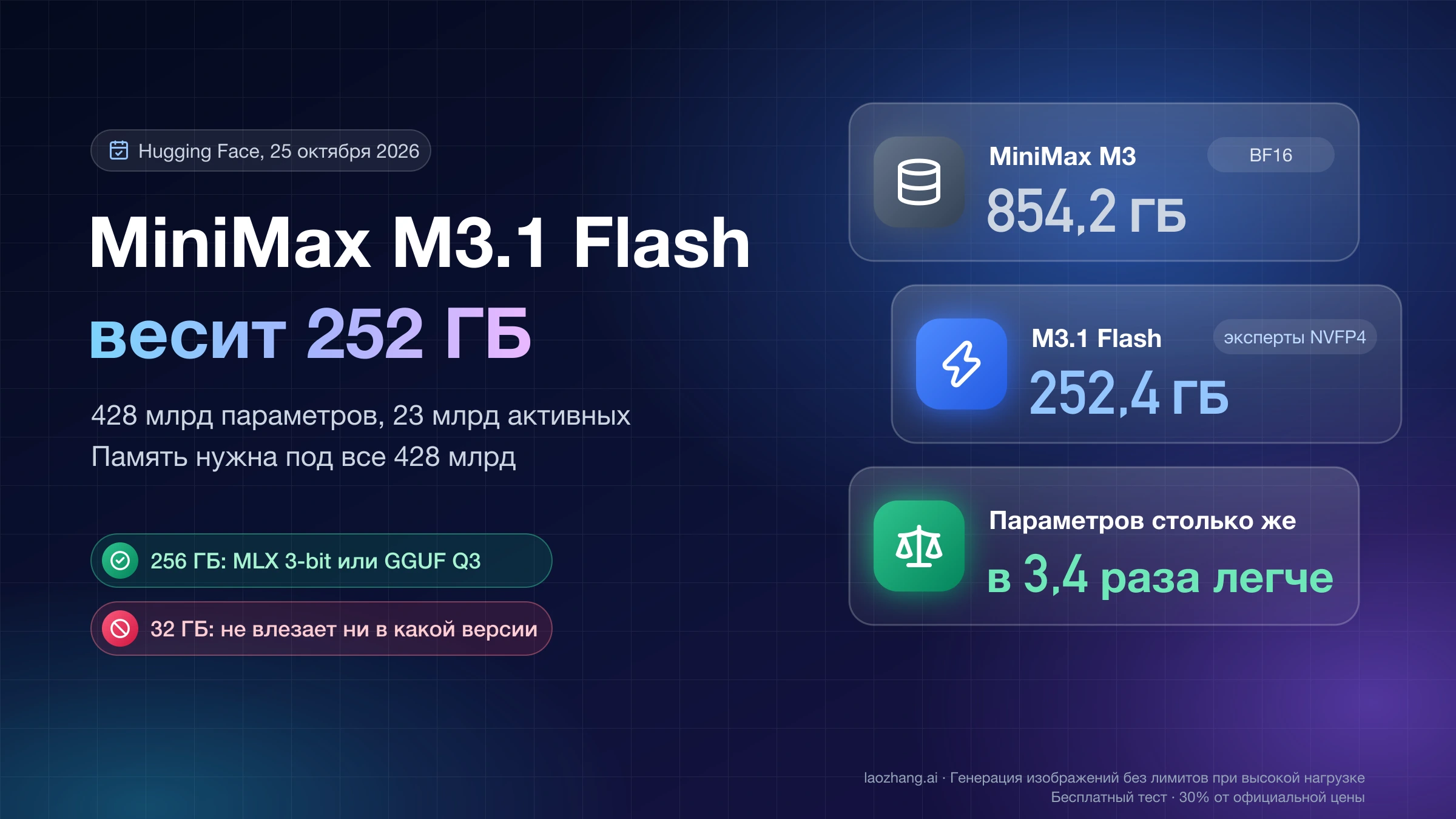 MiniMax M3.1 Flash весит 252,4 ГБ против 854,2 ГБ у MiniMax M3 в BF16 при том же числе параметров