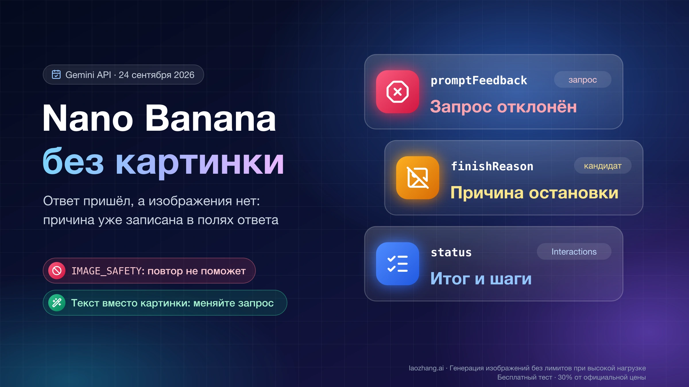 Nano Banana без картинки: причину показывают поля promptFeedback, finishReason и status в ответе Gemini API