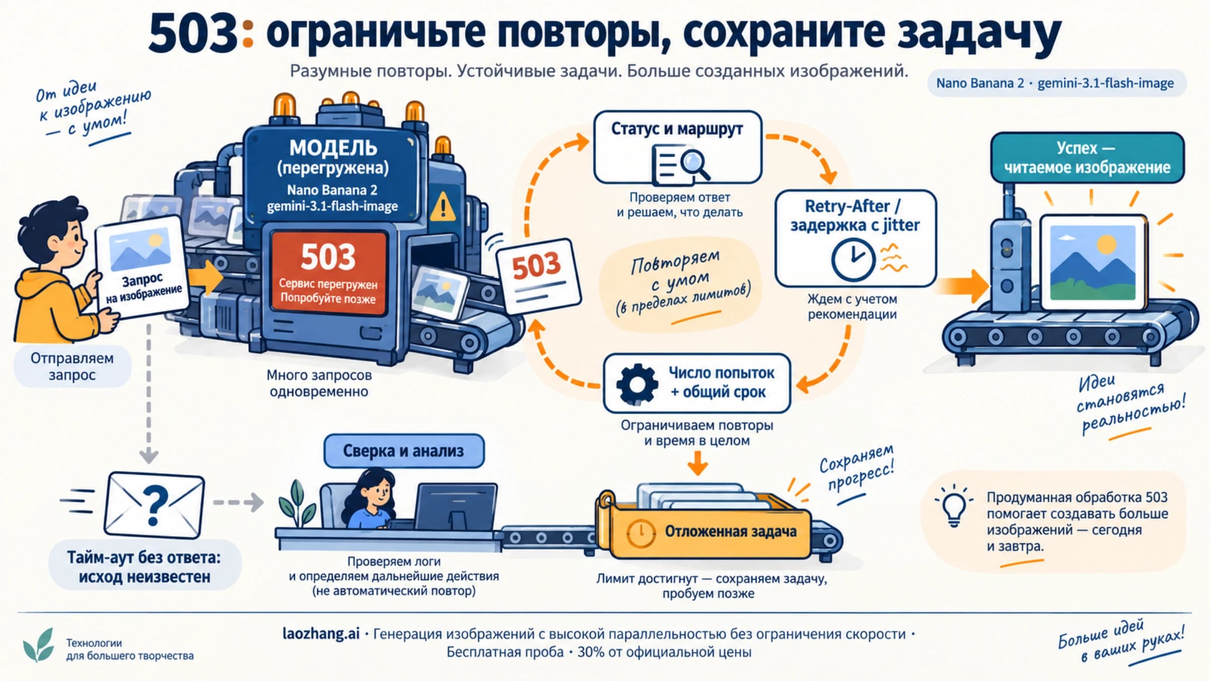 Подтверждённый 503 проходит ограниченные повторы, исчерпанный бюджет откладывает задачу, а неизвестный сетевой исход требует сверки