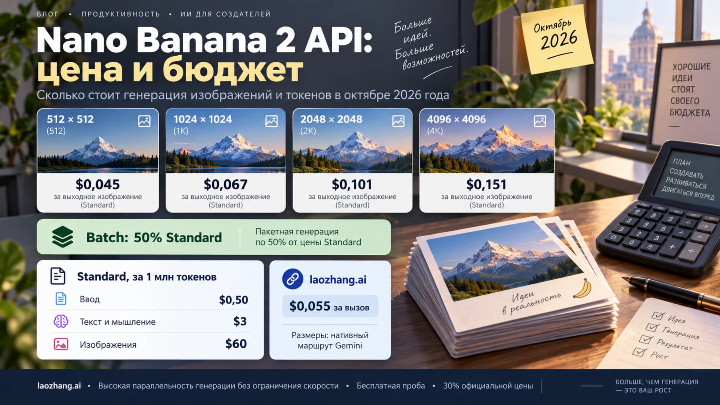 Nano Banana 2 API: цены изображений по размерам, Batch и отдельные ставки Standard за токены