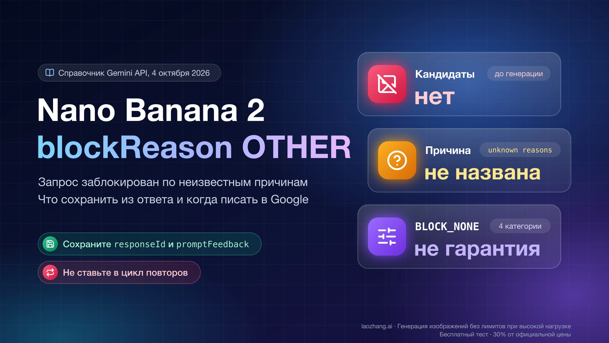 Nano Banana 2 blockReason OTHER: кандидатов нет, причина не названа, BLOCK_NONE не гарантия; сохраните responseId и promptFeedback