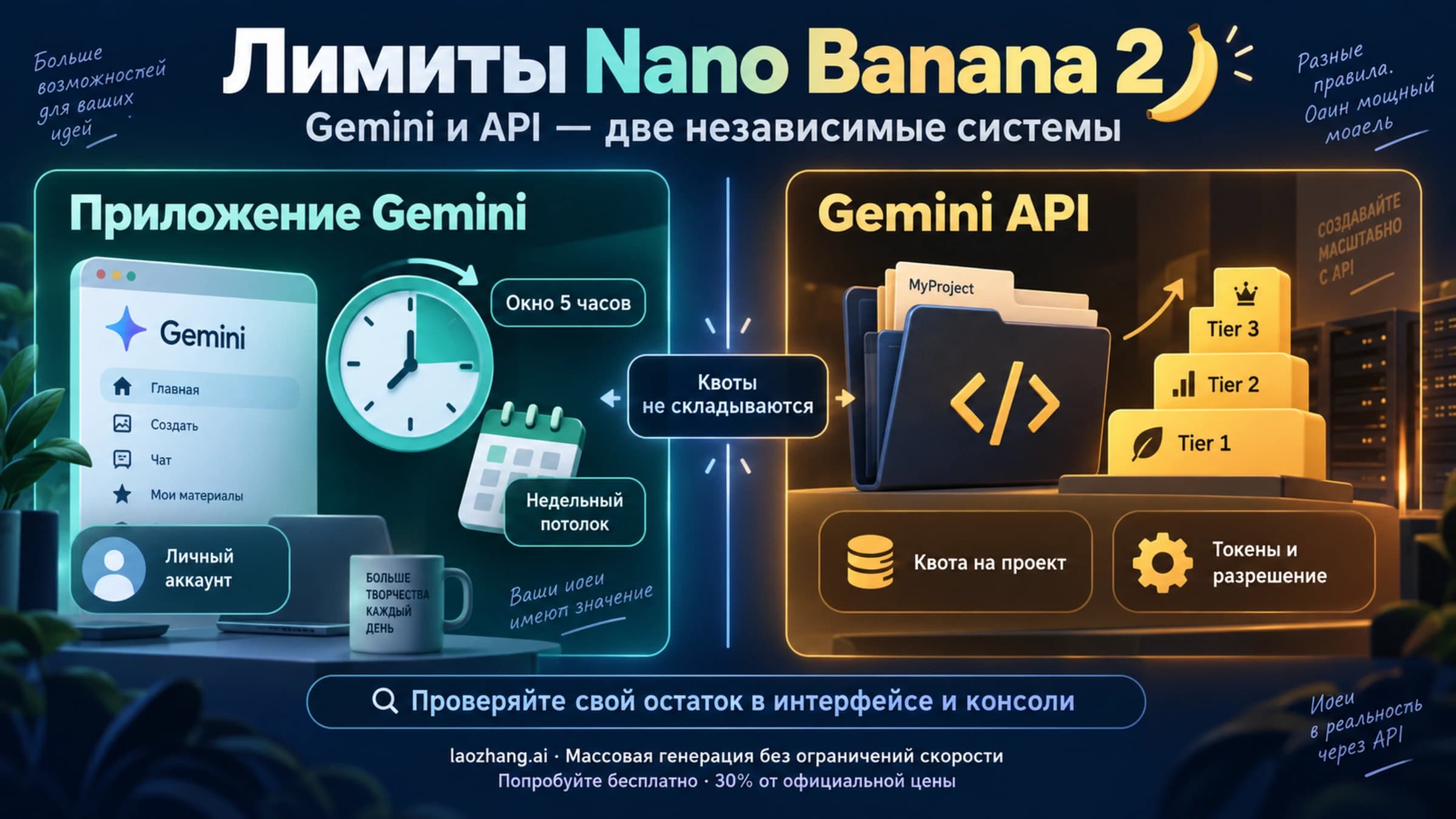Два контура лимитов Nano Banana 2: приложение Gemini с обновлением каждые 5 часов и Gemini API с уровнями Tier 1–3