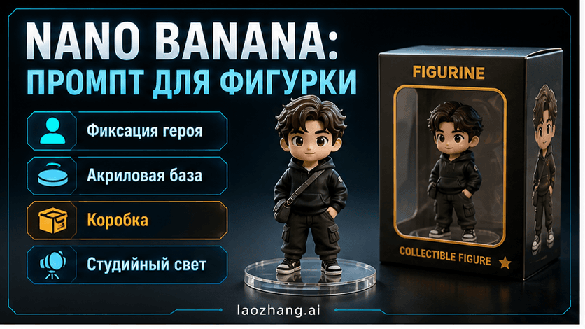 Схема промпта Nano Banana для фигурки с фиксацией субъекта, акриловой подставкой, коробкой и светом