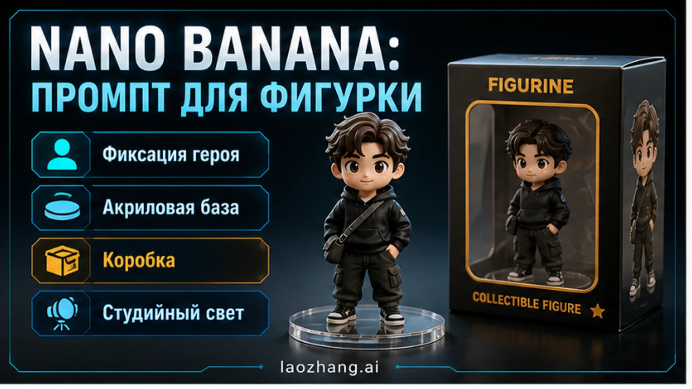 Иллюстрация создания изображения коллекционной фигурки по референсу с подставкой и упаковкой