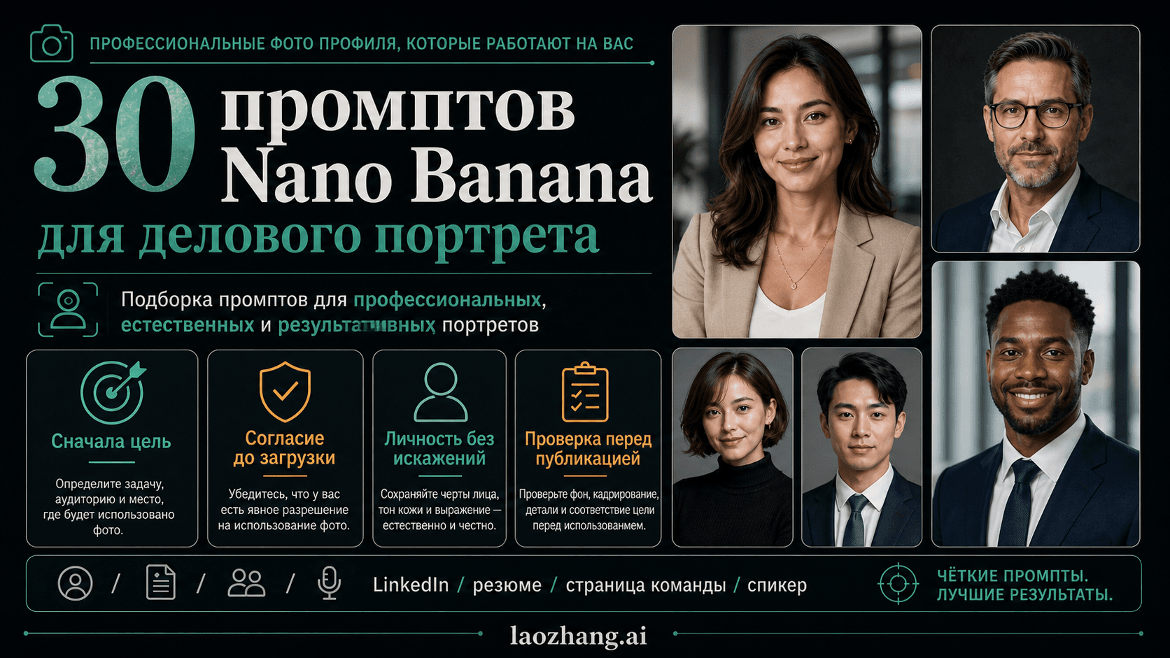 Информационная схема промптов Nano Banana для деловых портретов с назначением, согласием, идентичностью и проверкой качества