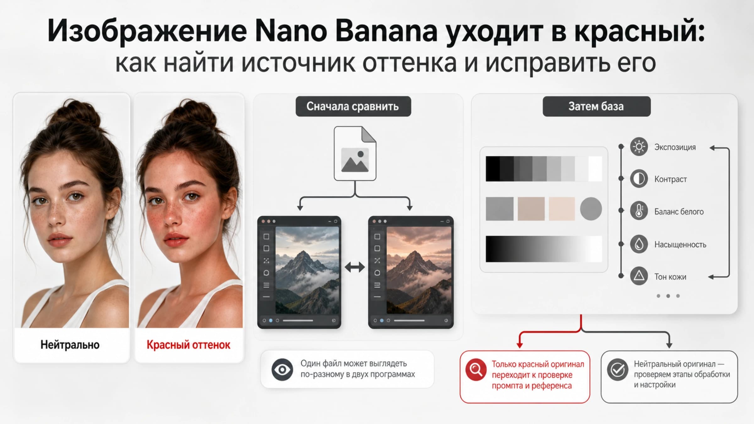 Сравнение нейтрального портрета Nano Banana и изображения с красным оттенком