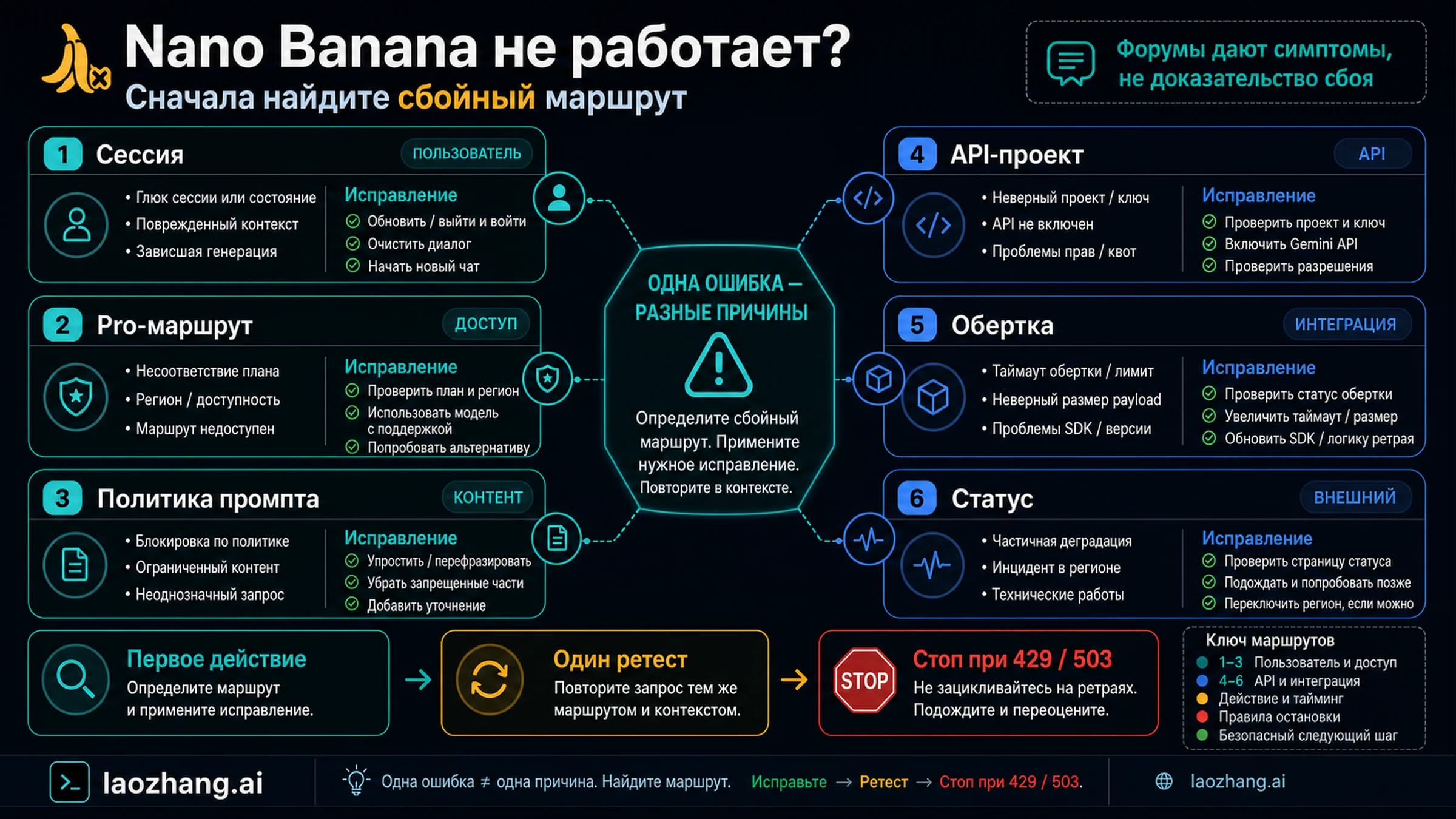 Панель маршрутов для ошибок Nano Banana в Gemini: приложение, Pro, prompt, API, wrapper и статус