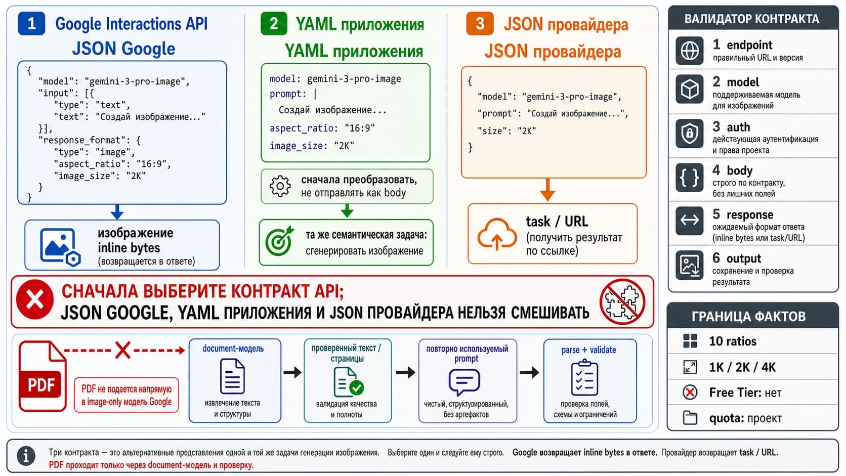 Схема Nano Banana Pro API: YAML преобразуется в JSON, PDF проходит отдельный анализ, а ответ превращается в итоговое изображение