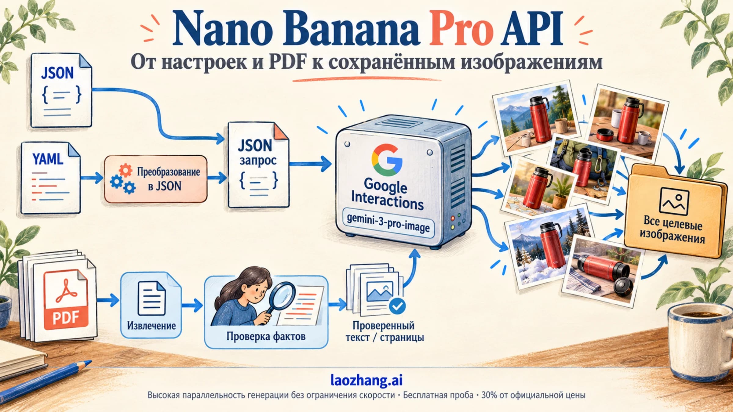 Настройки JSON или YAML преобразуются в запрос Google Interactions, все целевые изображения сохраняются, а PDF проходит отдельное извлечение и проверку фактов