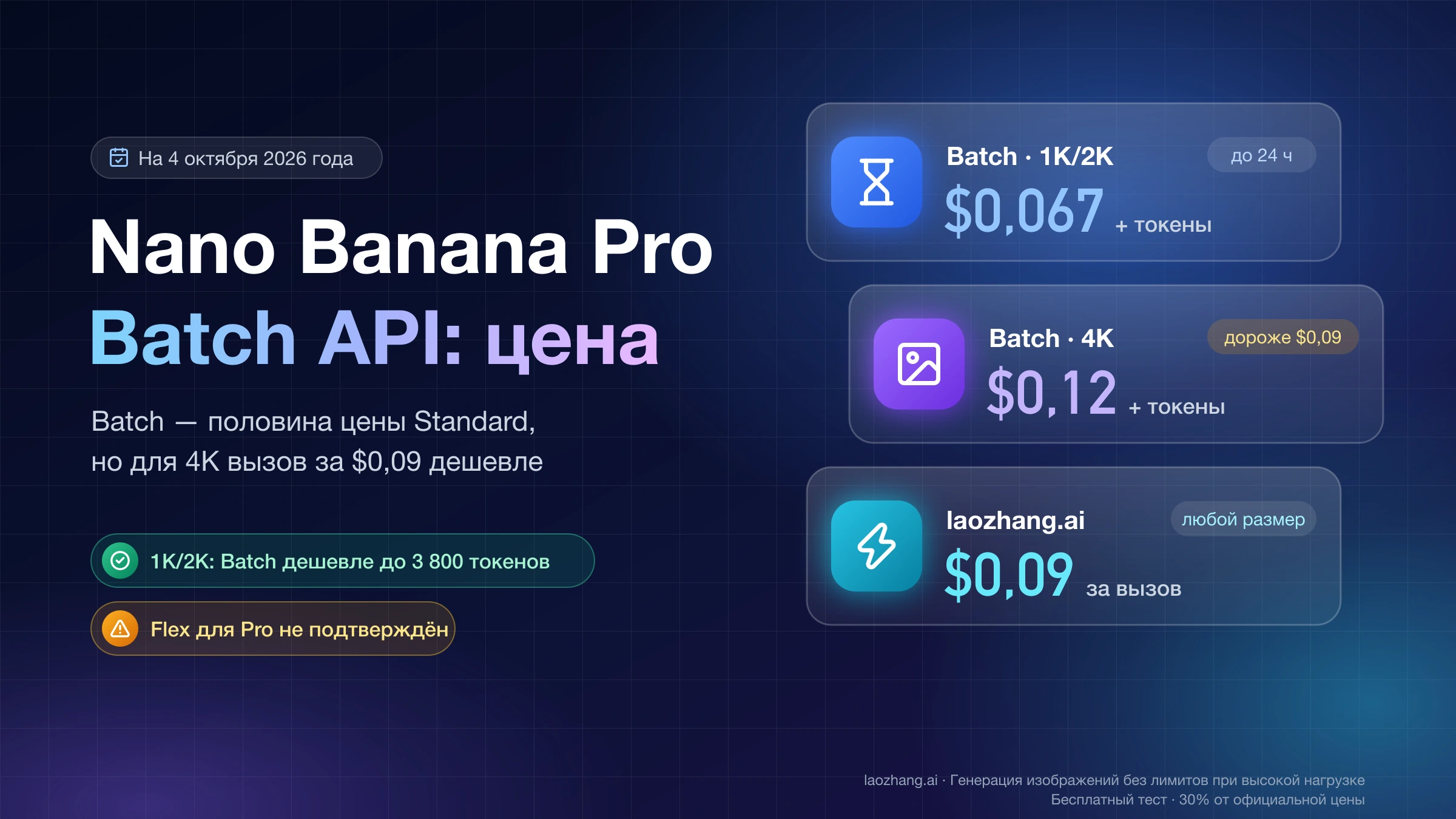 Цена Nano Banana Pro Batch API: $0,067 за 1K/2K и $0,12 за 4K плюс токены против $0,09 за вызов у laozhang.ai