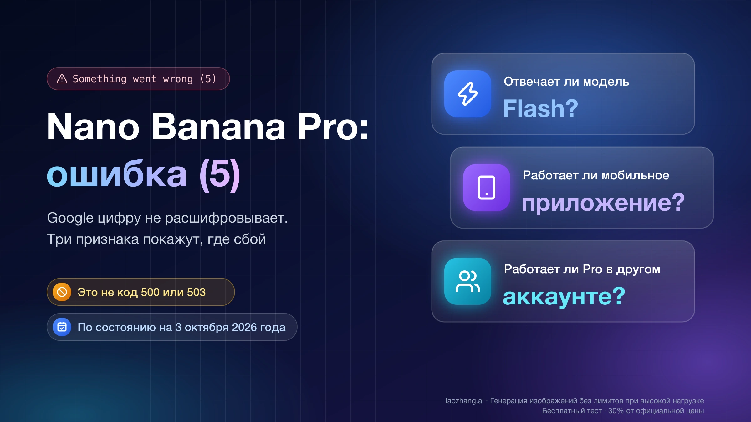 Обложка: Nano Banana Pro, ошибка 5 в Gemini и три проверочных вопроса — отвечает ли Flash, работает ли приложение и другой аккаунт