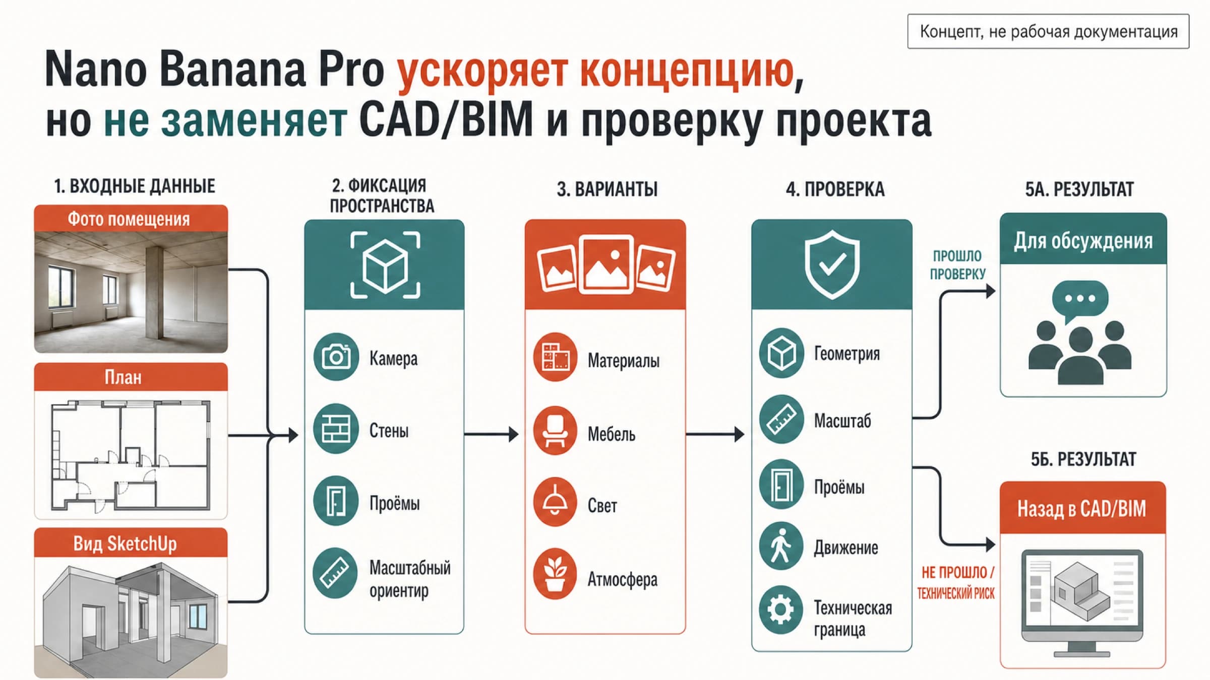 Русская схема работы Nano Banana Pro для архитектуры: входные данные, фиксация пространства, варианты, проверка и переход к концепту или CAD BIM