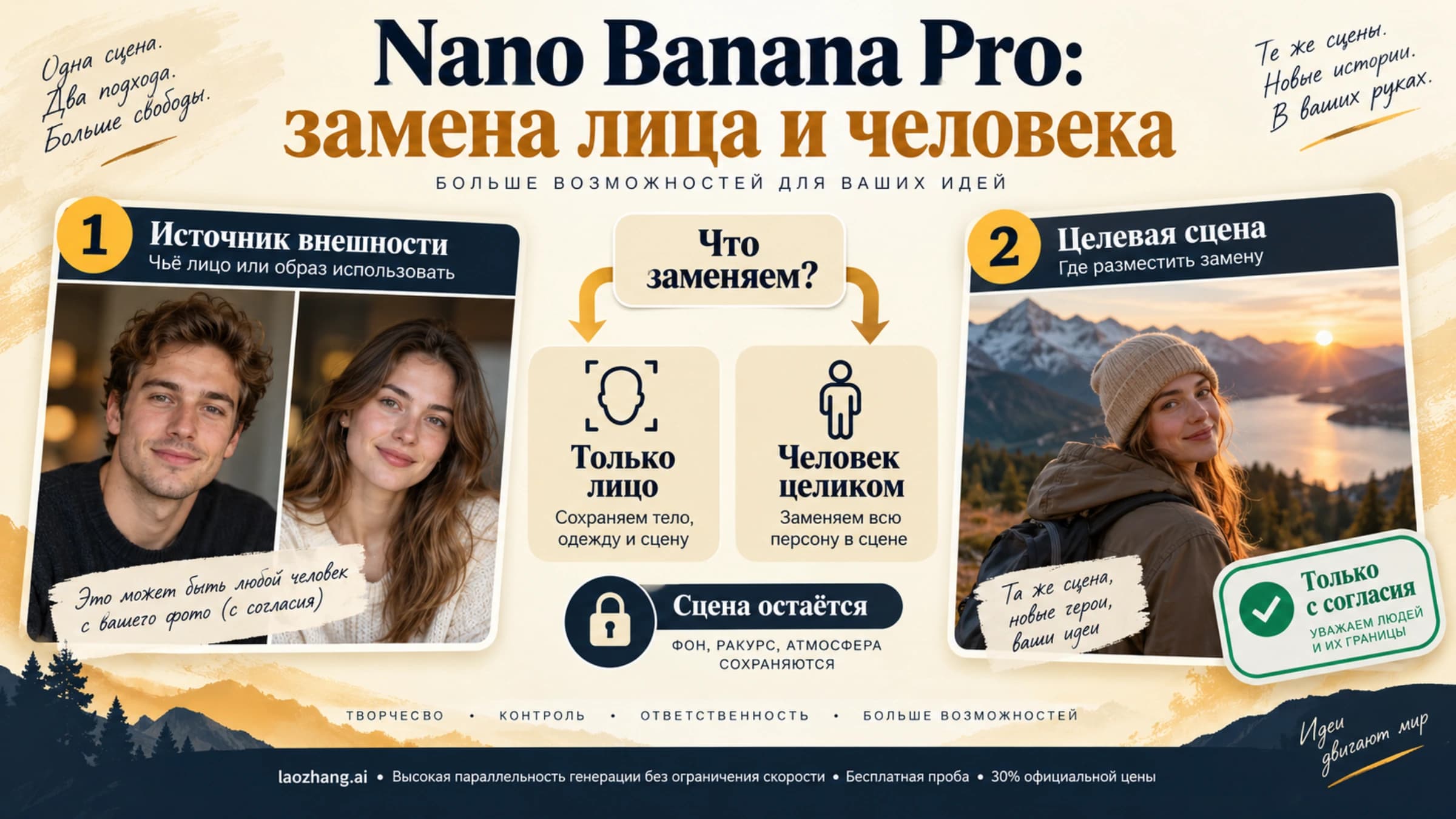 Два фото для замены лица или человека: источник внешности, целевая сцена и согласие