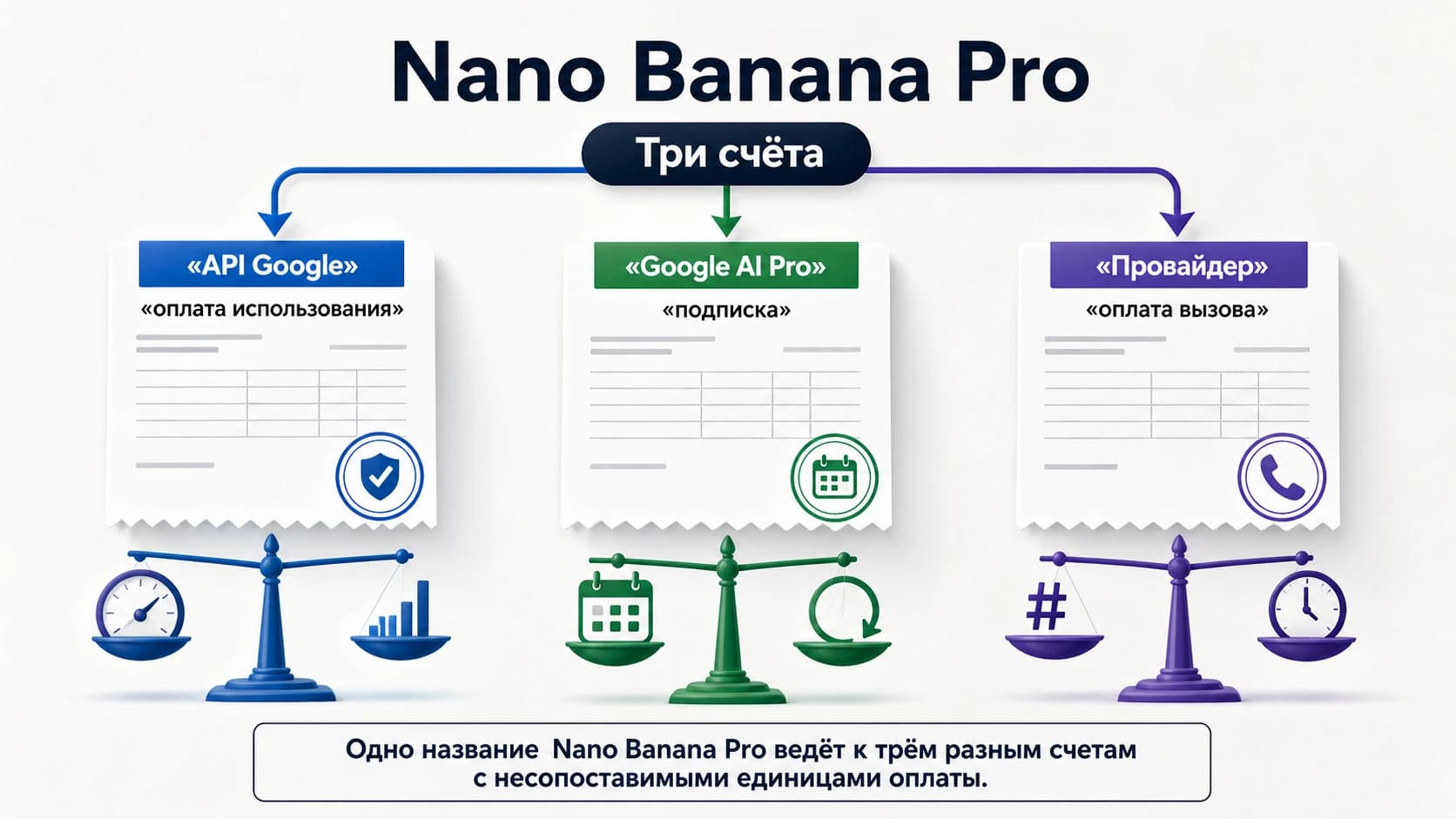 Три отдельных счёта Nano Banana Pro: Google API, Google AI Pro и независимый провайдер