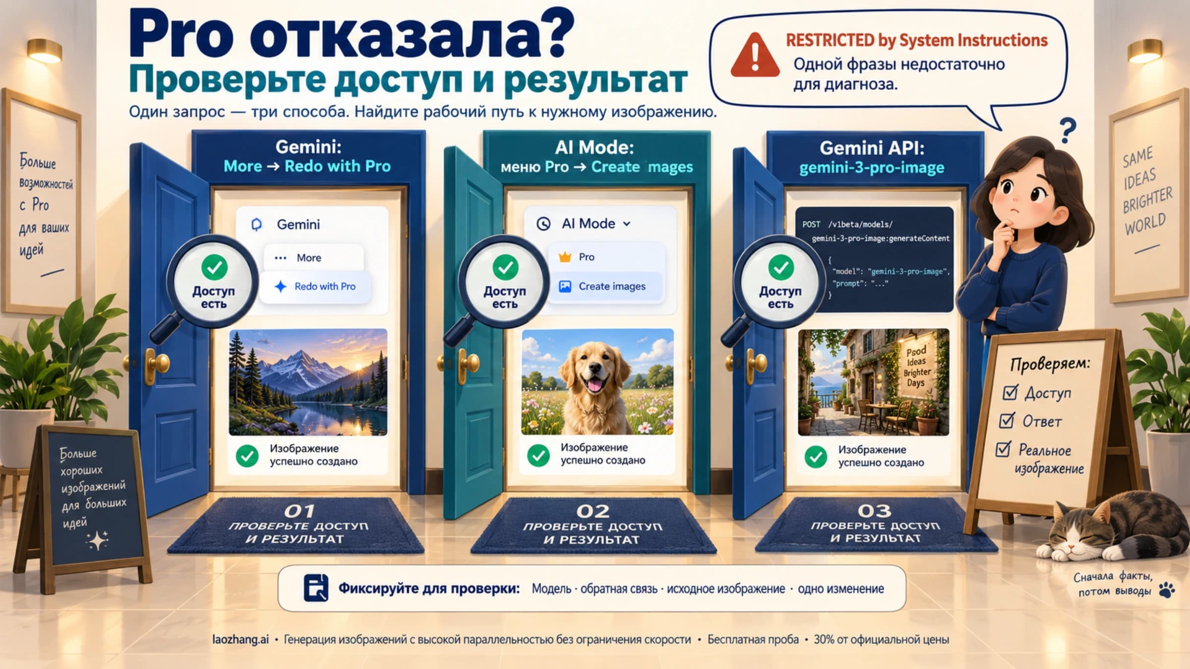 Три маршрута Nano Banana Pro и проверка доступа, обратной связи и изображения при текстовом отказе