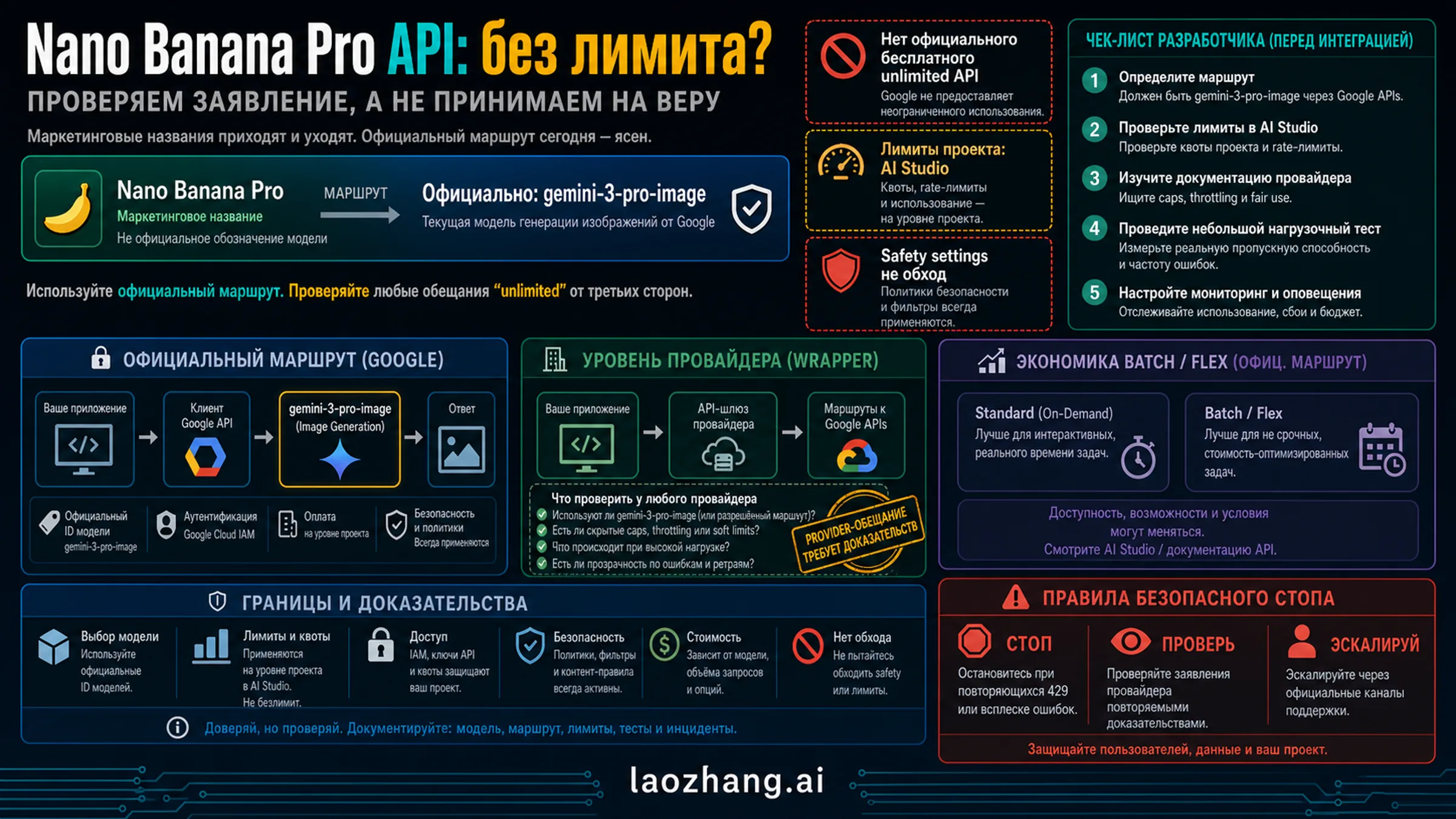 Панель проверки обещаний Nano Banana Pro API без лимитов: модель, квоты проекта, провайдер и правила безопасности.