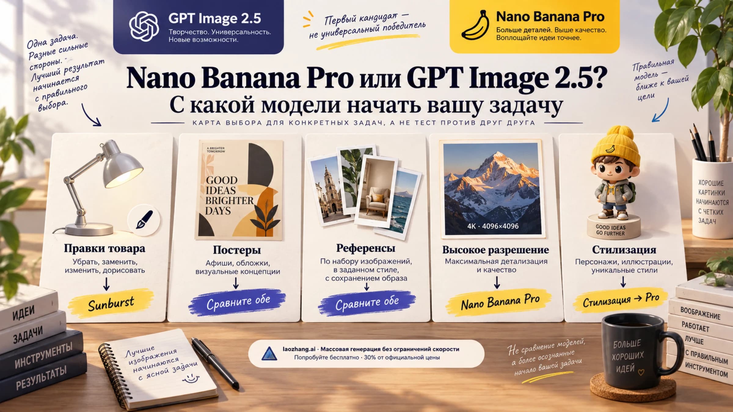 Схема выбора между Nano Banana Pro и GPT Image 2.5 по классам задач: правки товара, постеры, референсы, 4K