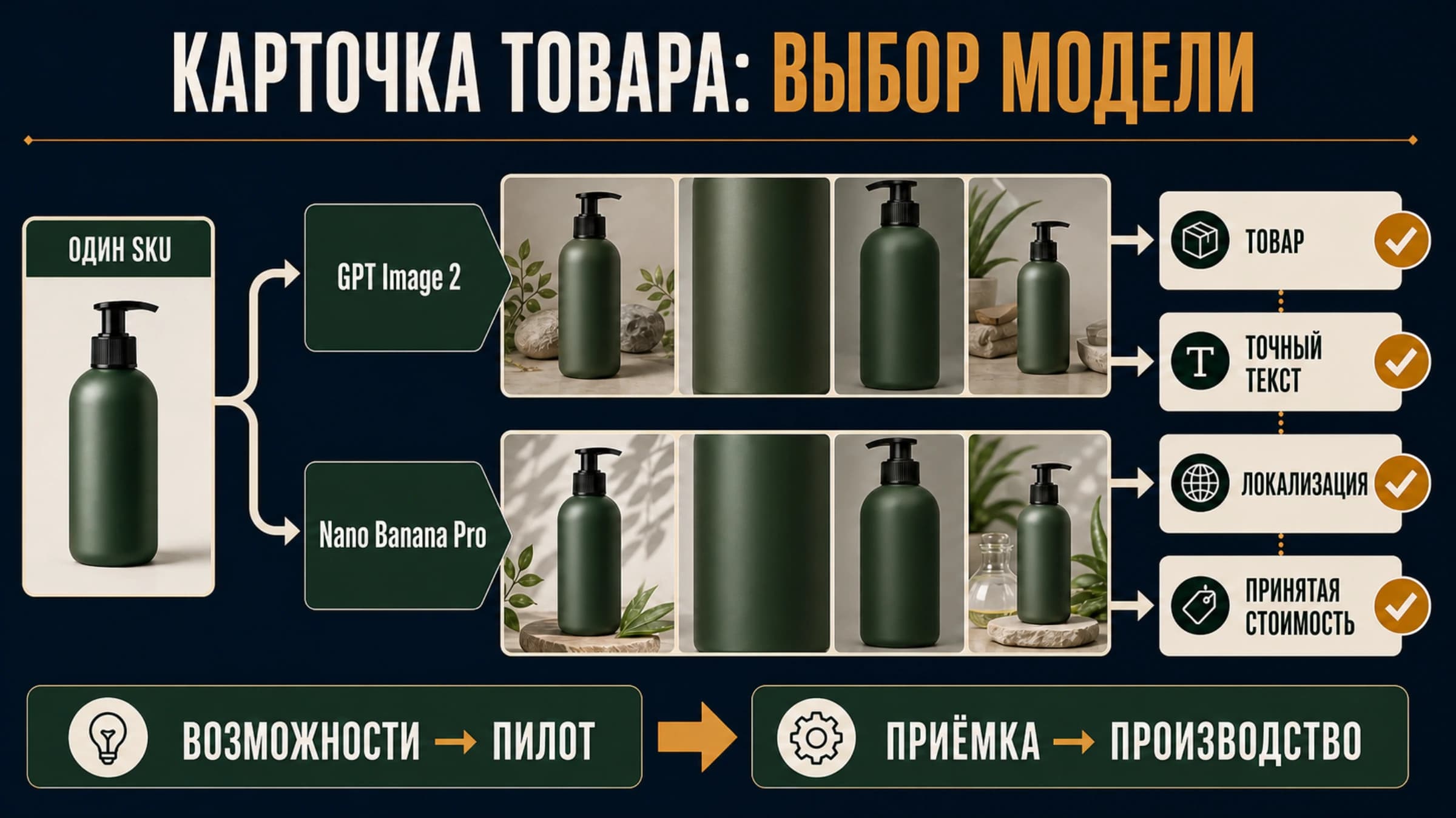 Один товарный референс проходит Nano Banana Pro и GPT Image 2, а затем проверку товара, текста, локализации и стоимости