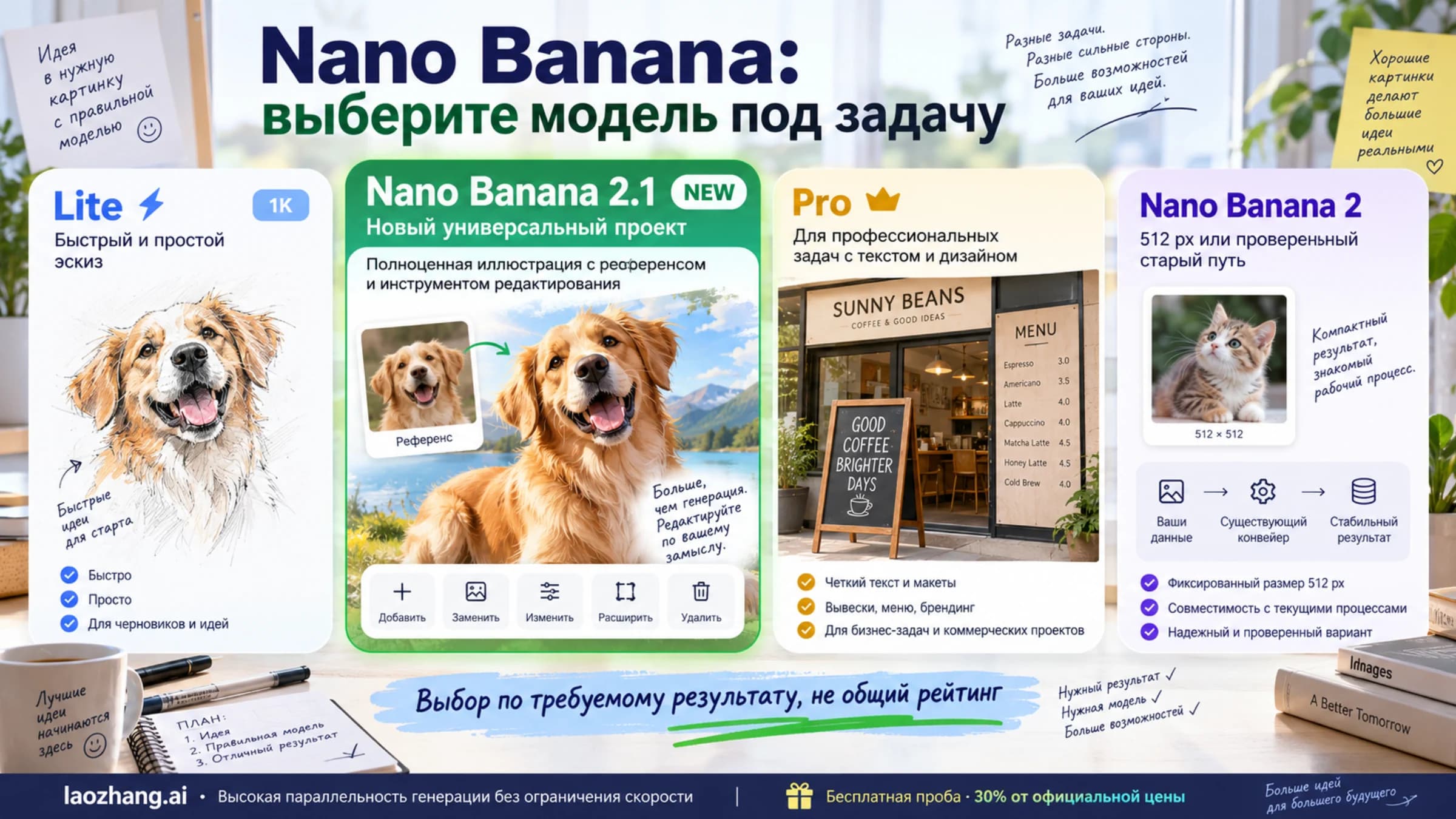 Четыре роли моделей Nano Banana: Lite для эскизов, 2.1 для новых универсальных задач, Pro для точного текста, NB2 для 512