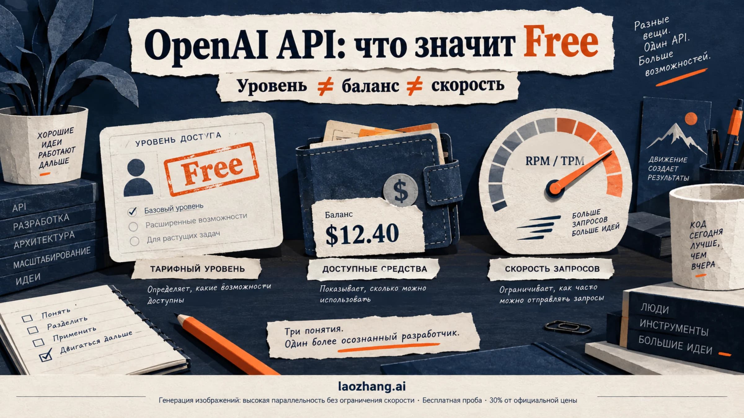 Обложка про уровень Free в OpenAI API: карточка тарифного уровня со штампом Free, кошелёк с балансом и спидометр RPM/TPM — три разных понятия