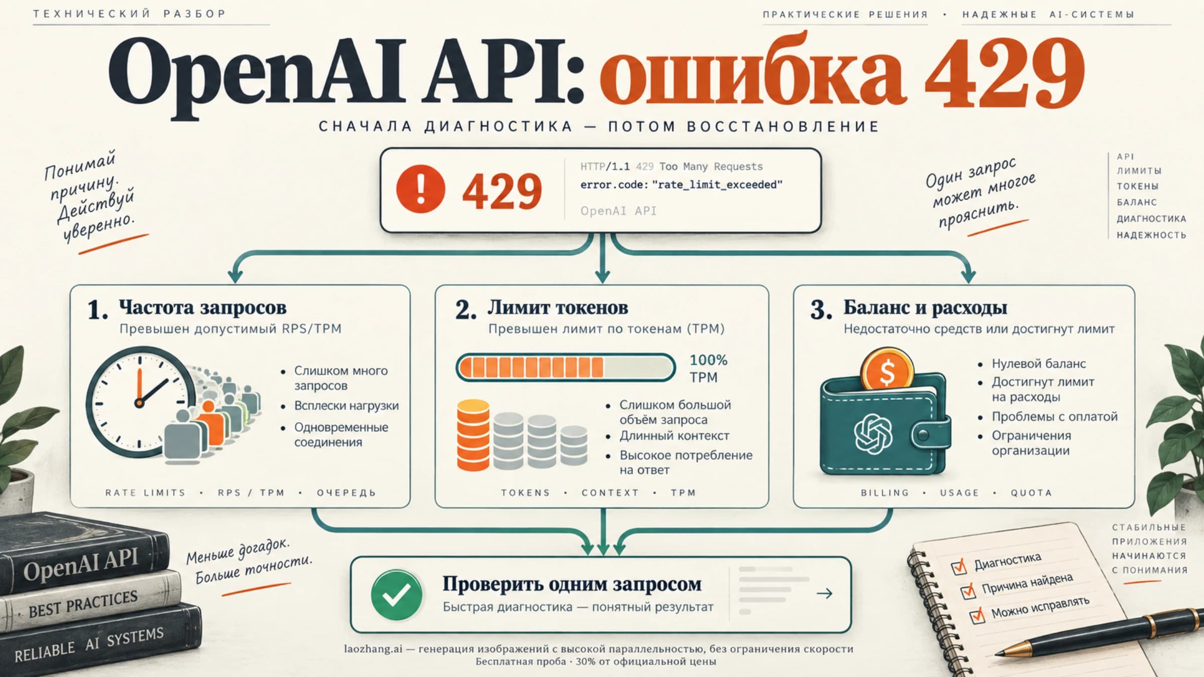 Диагностика ошибки 429 в OpenAI API: частота запросов, лимит токенов, баланс и расходы