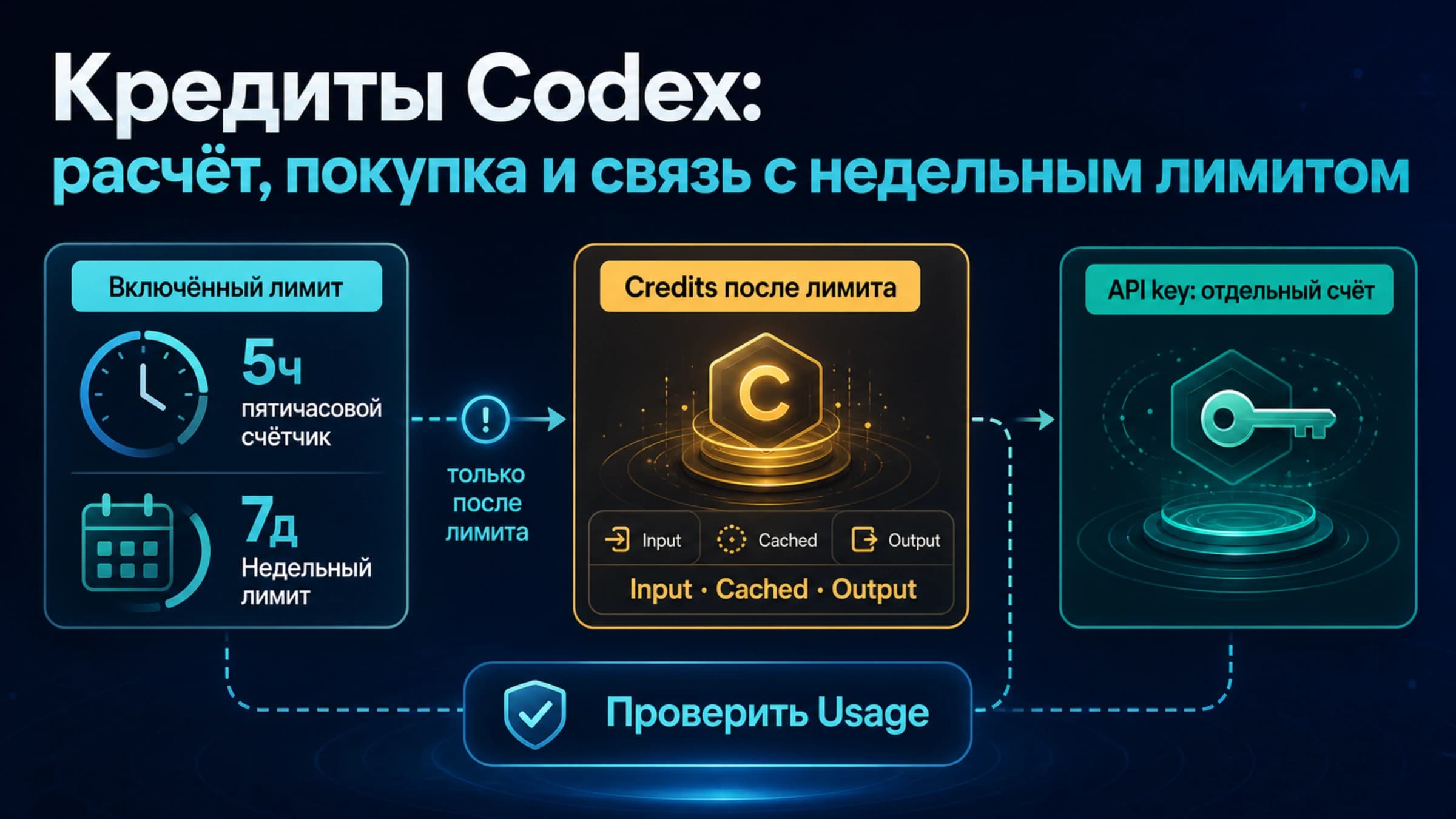 Три слоя Codex: включённый лимит, кредиты после недельного ограничения и отдельный биллинг API key