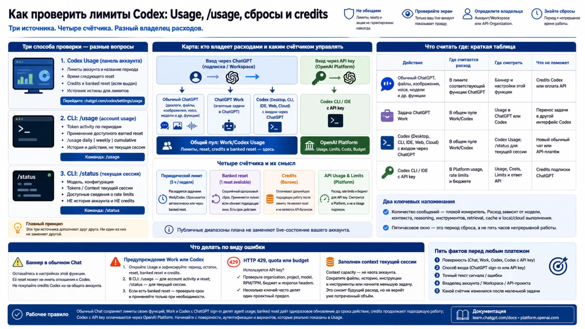 Обзор лимитов Codex с панелью Usage, командами /usage и /status, четырьмя счётчиками, сбросами, credits и API key
