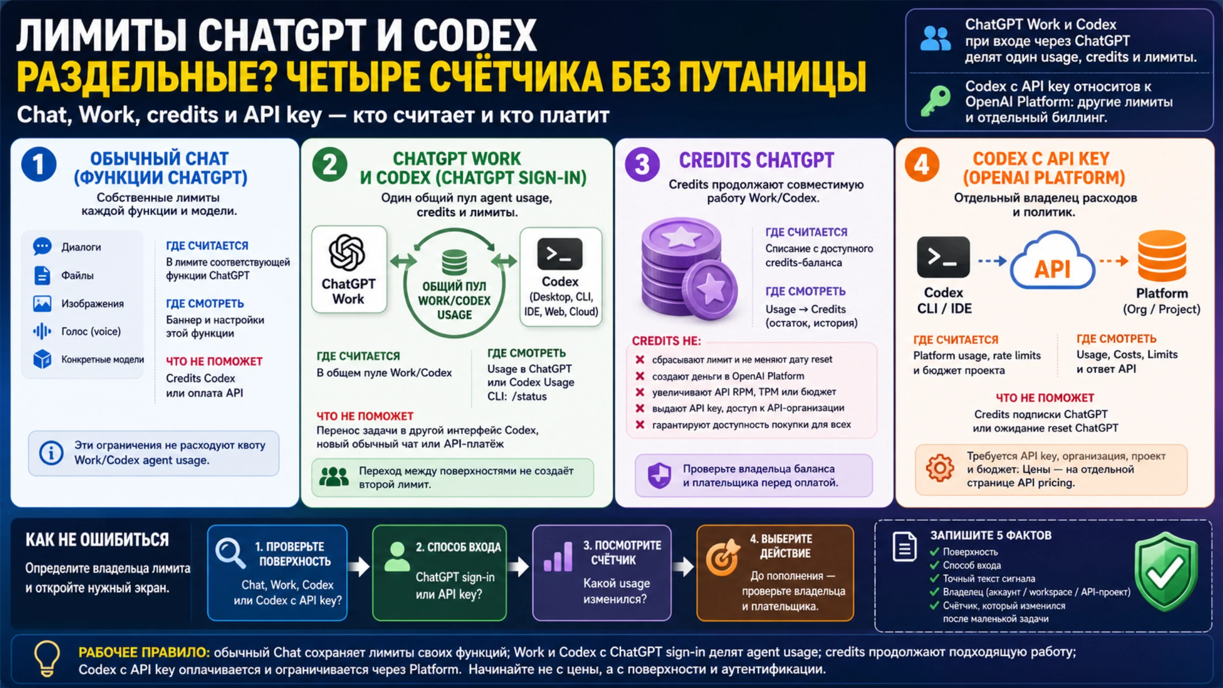 Схема четырёх контуров: обычный Chat, общий usage Work и Codex, credits ChatGPT и отдельный API-биллинг