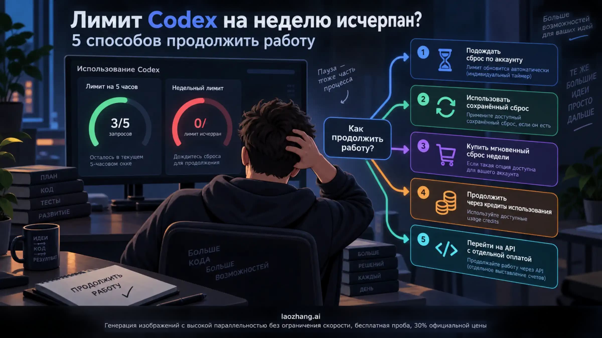 Разработчик выбирает один из пяти способов продолжить работу после исчерпания недельного лимита Codex