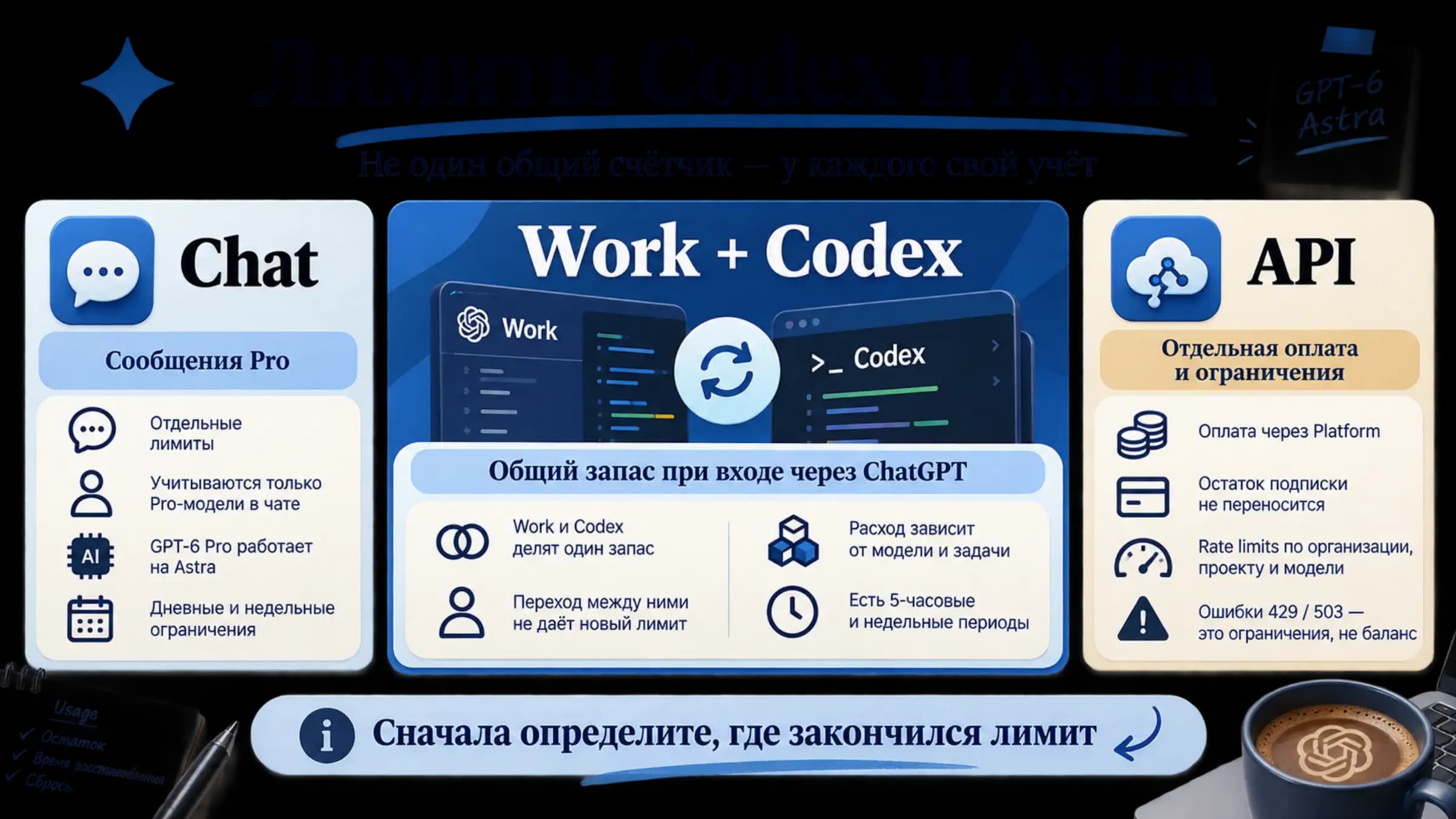 Три способа учёта Astra: сообщения Pro в Chat, общий запас Work и Codex, отдельная оплата API