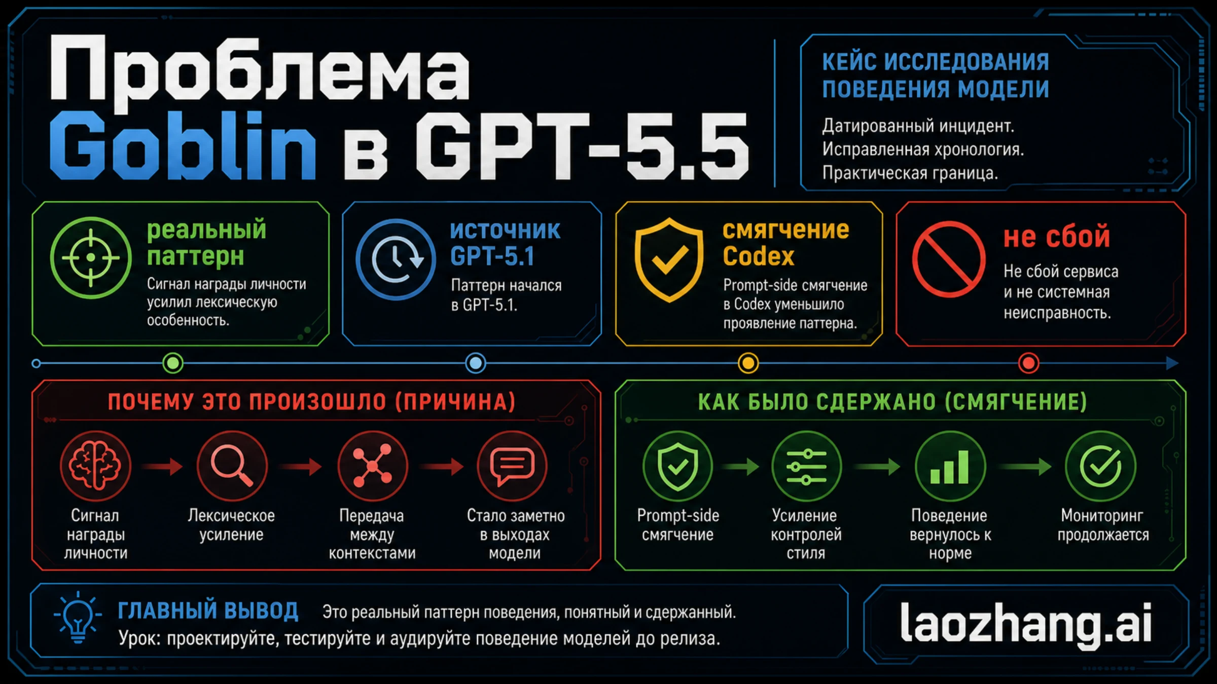 Схема кейса GPT-5.5 Goblin с происхождением в GPT-5.1, смягчением в Codex и границей не-сбоя