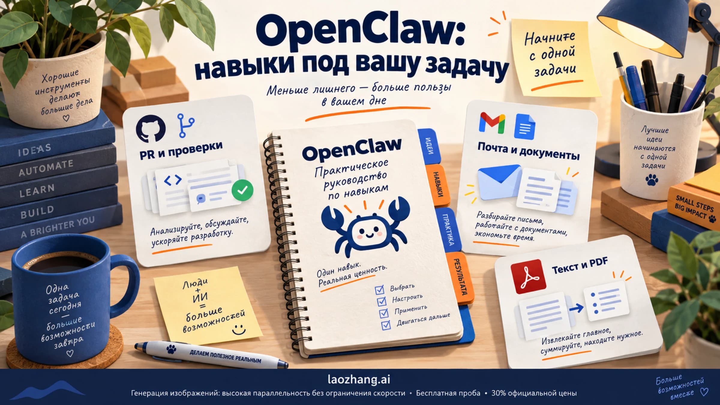 Рабочий стол с карточками навыков OpenClaw для PR, почты, документов и PDF
