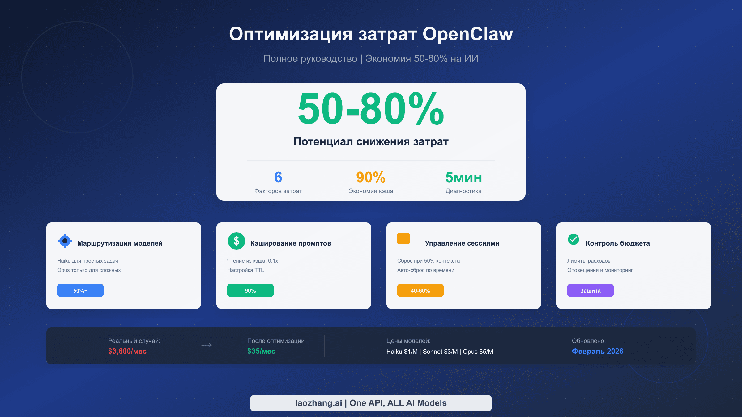 Руководство по оптимизации затрат OpenClaw, показывающее стратегии снижения расходов на ИИ на 50-80%