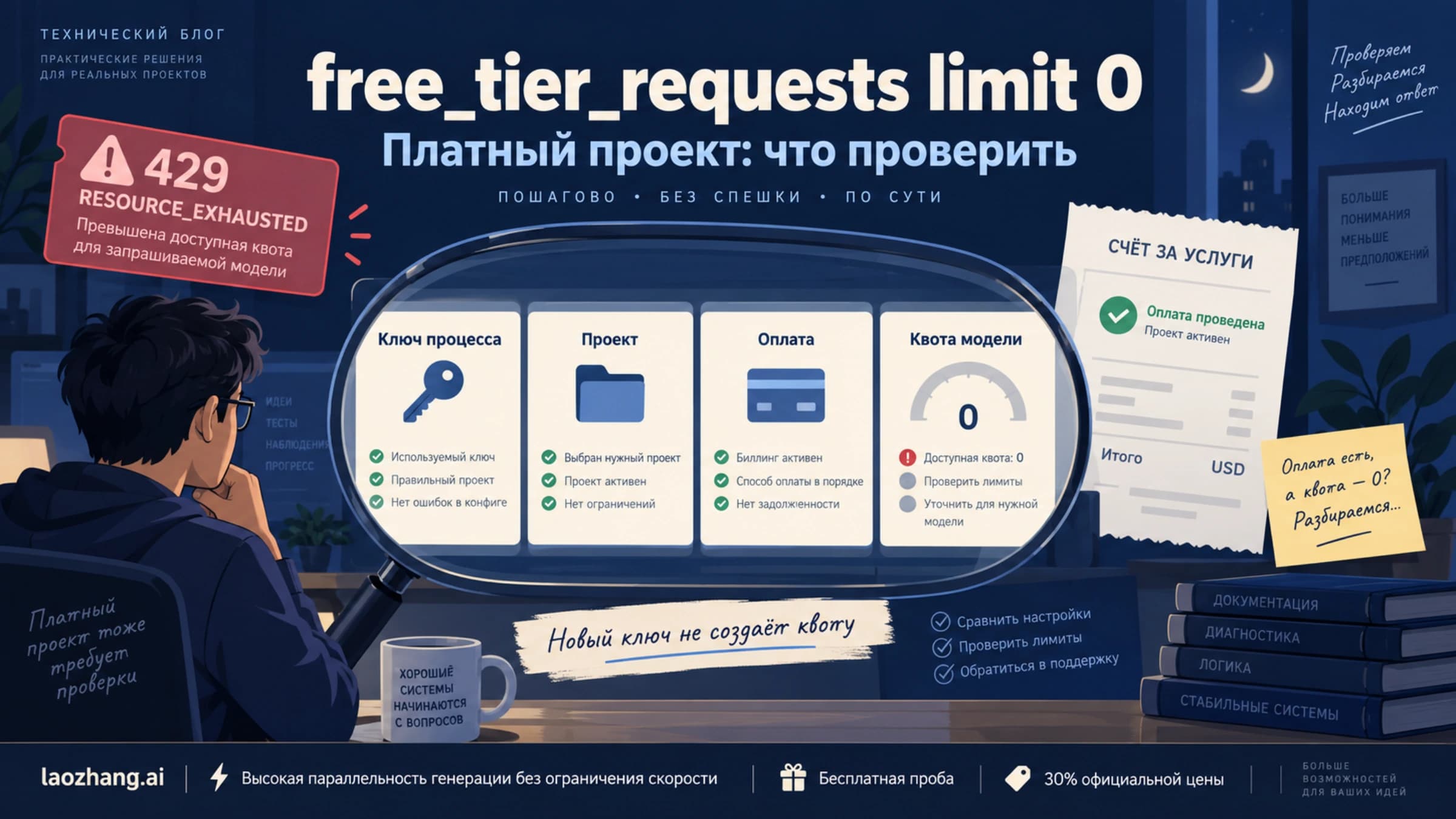 Проверка ключа процесса, проекта, оплаты и квоты при free_tier_requests limit 0