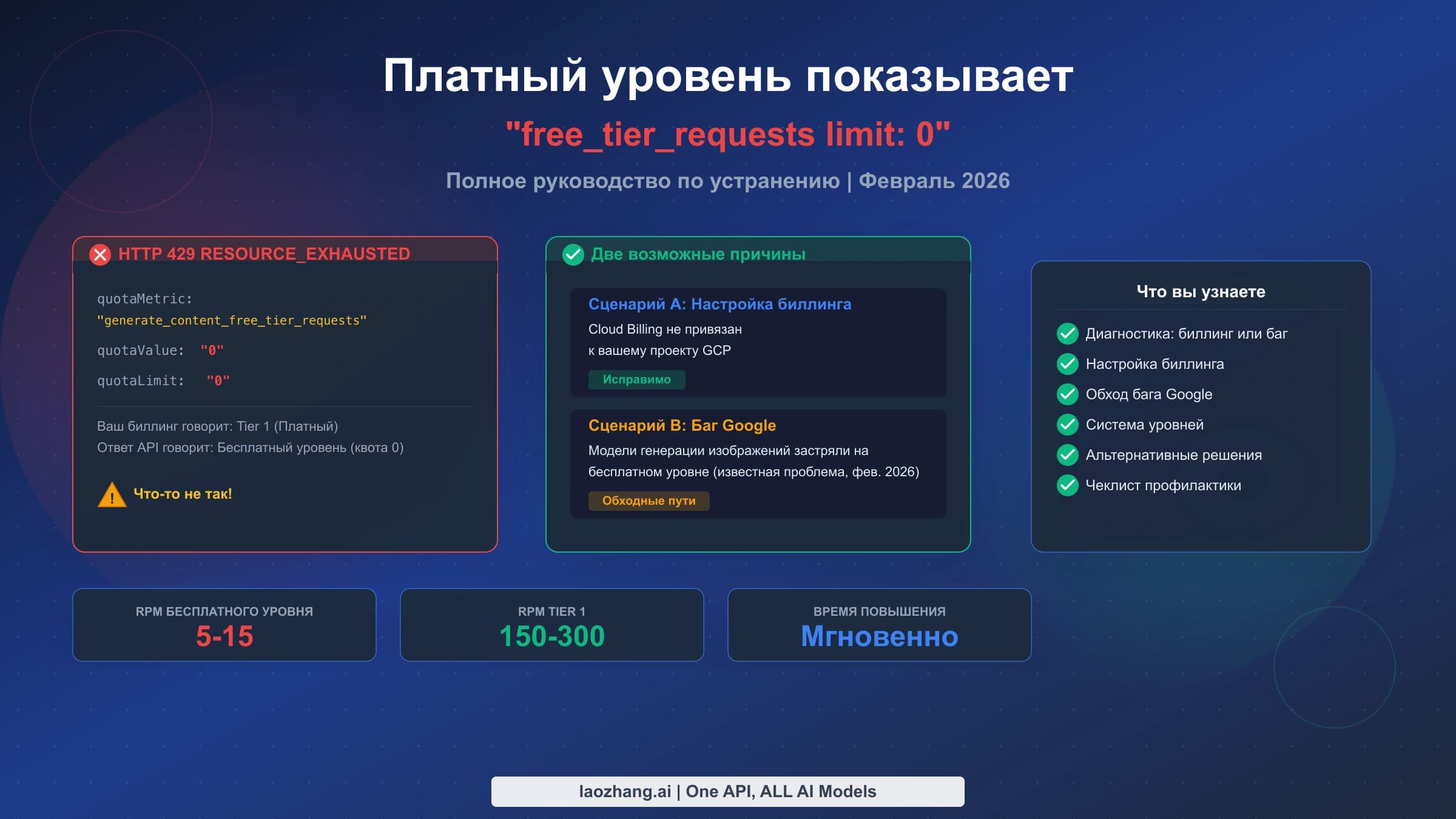 Иллюстрация ошибки free_tier_requests limit 0 и проверки оплаты проекта Gemini API