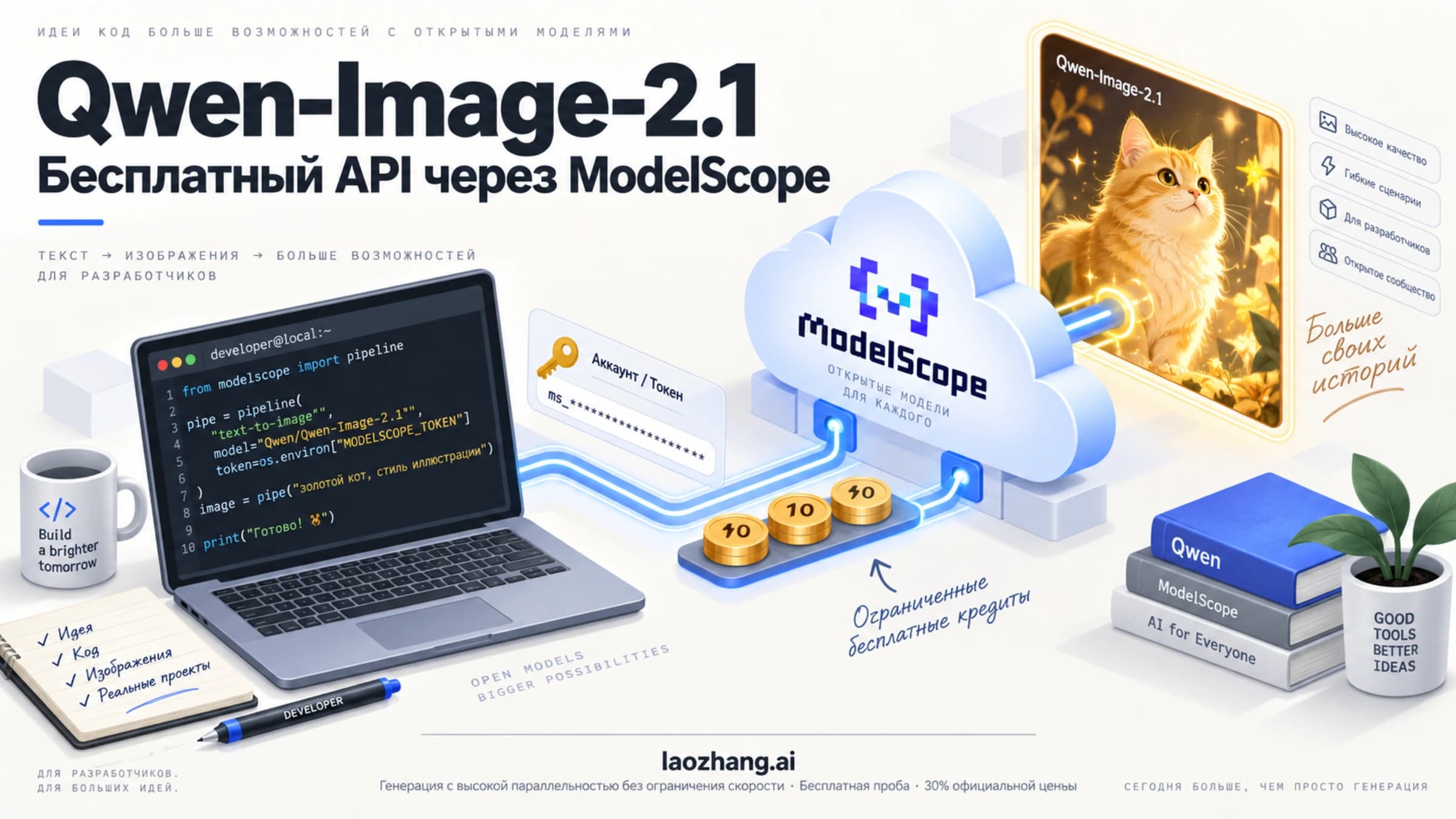 Иллюстрация доступа к Qwen-Image-2.1 через ModelScope: токен, облачный API и изображение