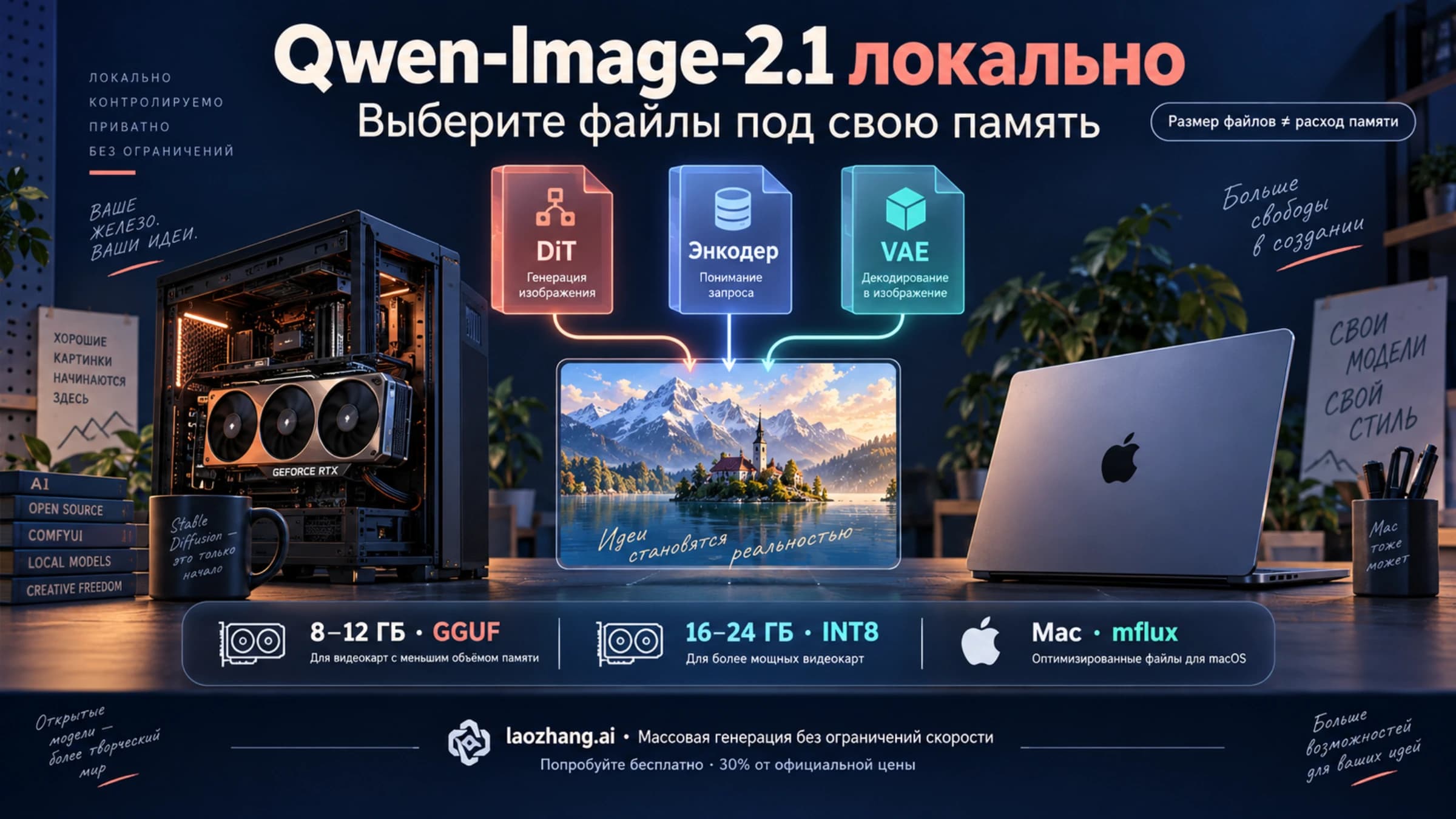 Схема выбора набора весов Qwen-Image-2.1 по объёму видеопамяти: 8, 12, 16, 24 ГБ и Mac