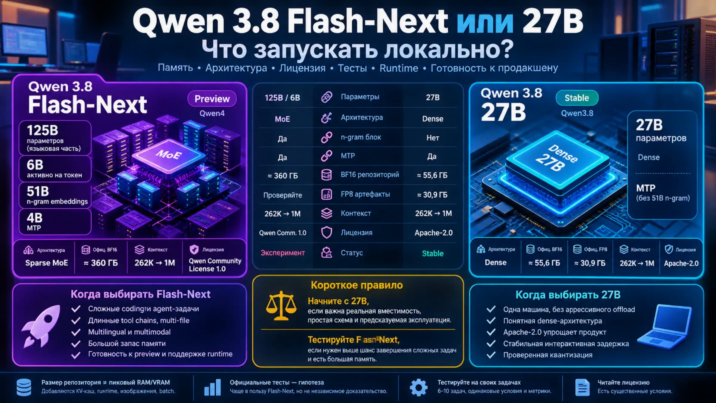 Схема выбора между Qwen3.8 Flash-Next и 27B для локального запуска