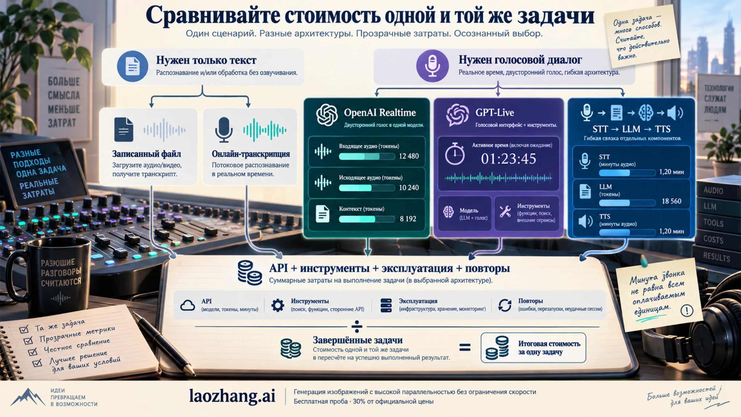 Текстовая транскрибация и голосовой диалог решают разные задачи; Realtime, GPT-Live и STT–LLM–TTS сравниваются по полному расходу на завершённый результат